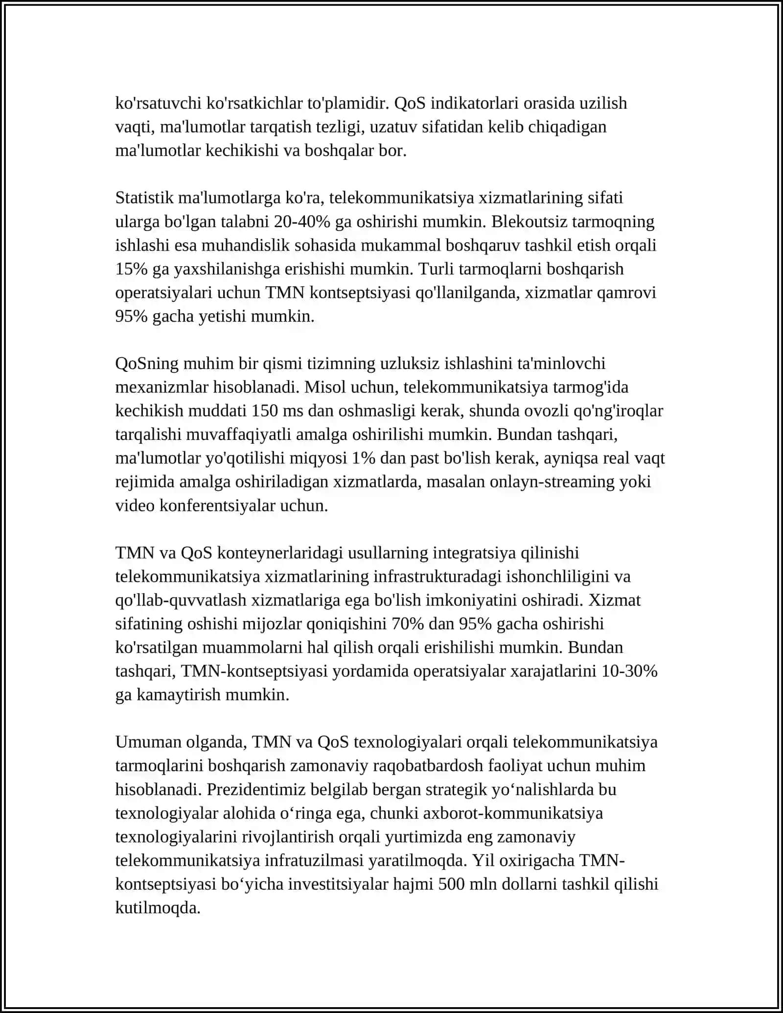 MUSTAQIL ISH Mavzu: TMN-KONSEPSIYASI. XIZMAT SIFATI-QOS KRITERIYALARI 4