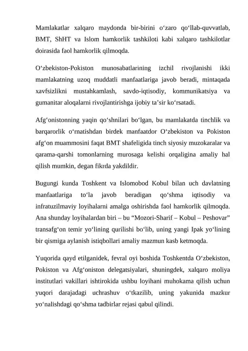 Oʻzbekiston — Pokiston munosabatlari 4