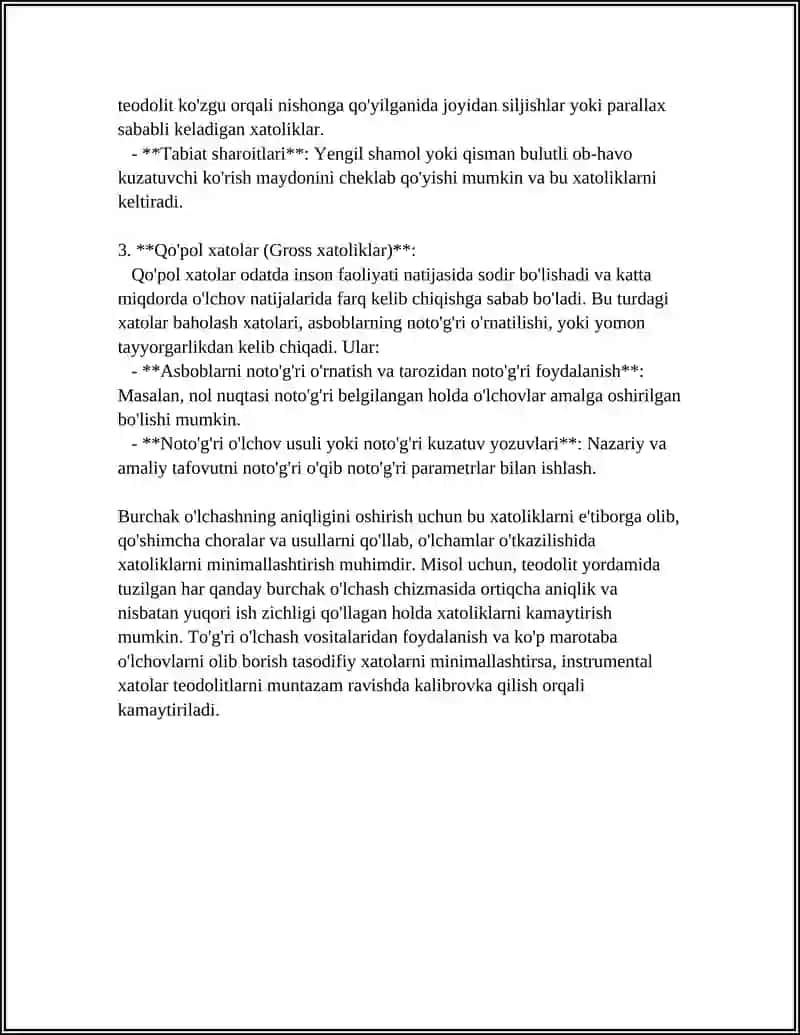 BURCHAK O'LCHASHDAGI XATOLIGLAR. BURCHAK O'LCHASH ANIQLIGI. TEODALIT YORDAMIDA PLAN TUZISH 4