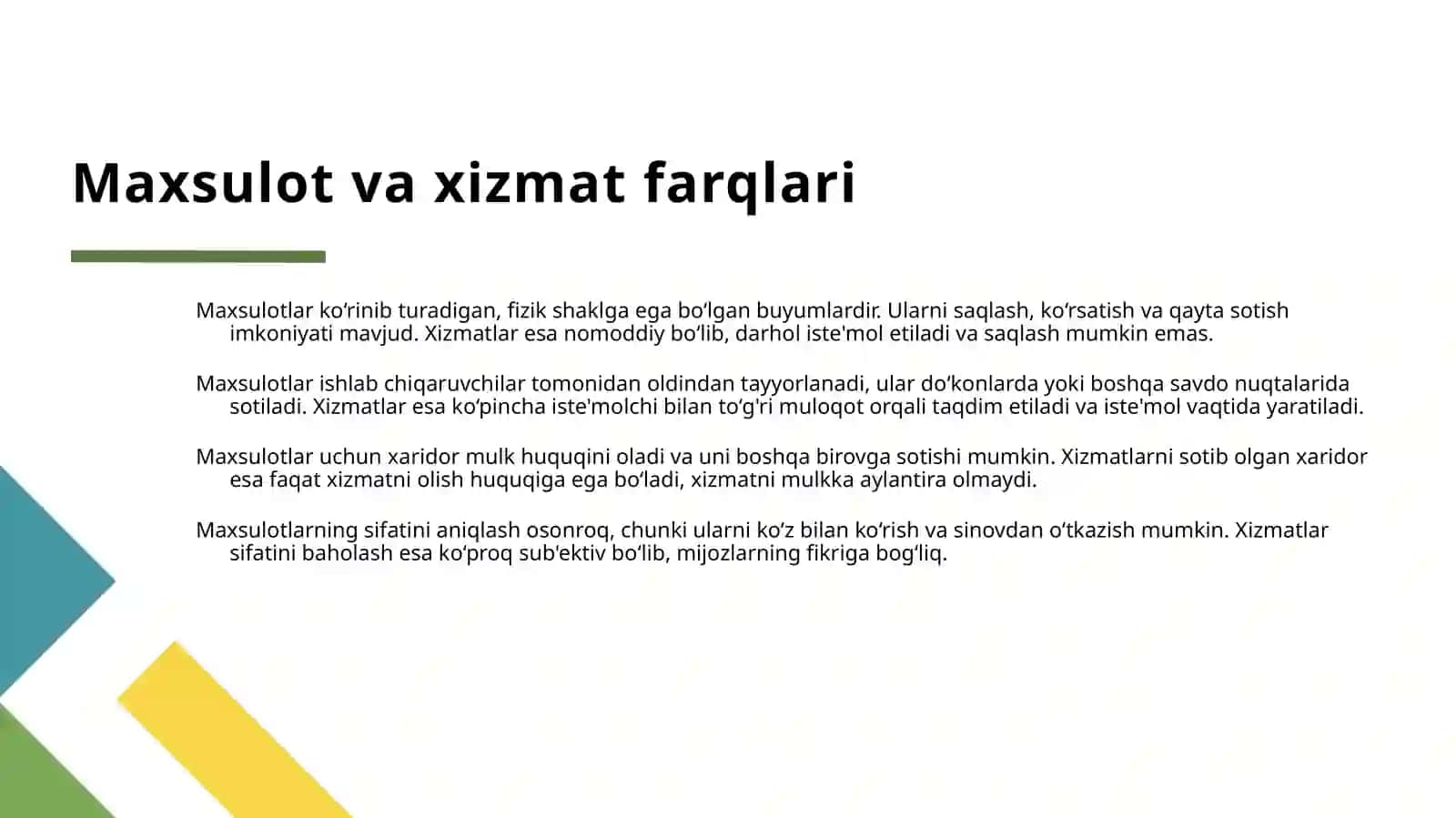 MAXSULOT YA'NI ISHI XIZMAT VA UNING SAVDOSIGA TASIR KO'RSATUVCHI OMILLAR 4