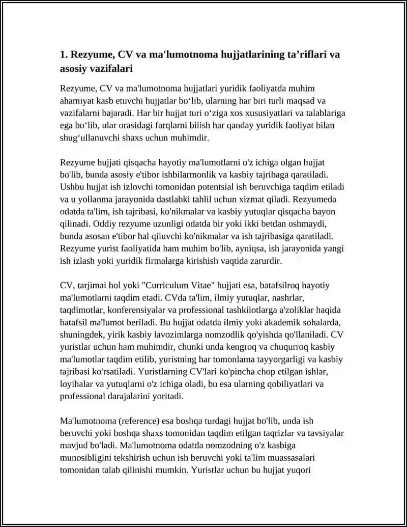 REZYUME, CV, MA'LUMOTNOMA HUJJATLARI. ULAR ORASIDAGI FARQLAR VA ULARNING YURIST FAOLIYATIDAGI AHAMIYATI 4
