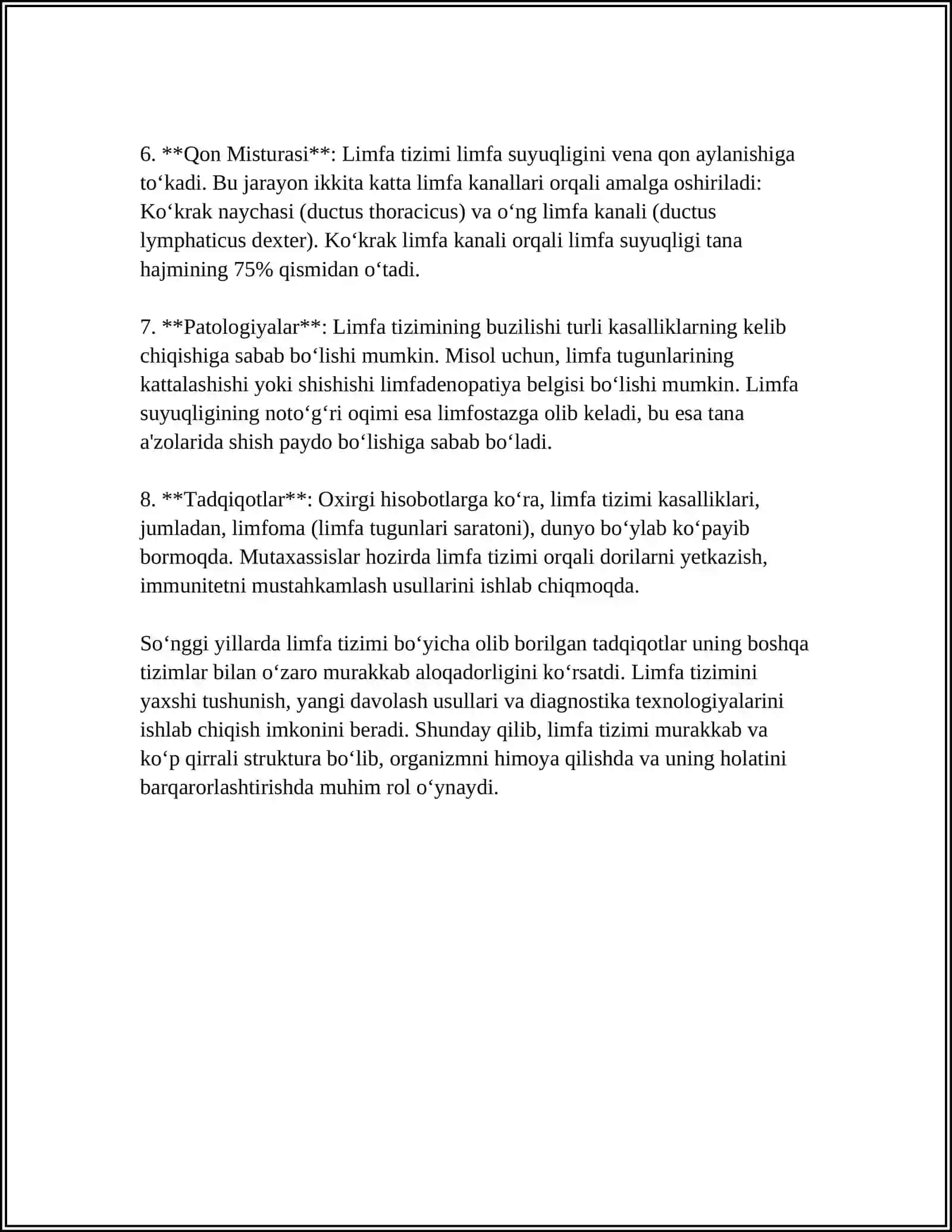 LIMFA VA UNING HARAKATI TALOQNING FUNKSIYASI ISSIQLIK ALMASHINUVI VA TANA HARORATINI BOSHQARISH KOPTOKCHALARDAGI FILTRLASH JARAYONLARI FUNKSIONAL ASIMETRIYA VA XOTIRA 4