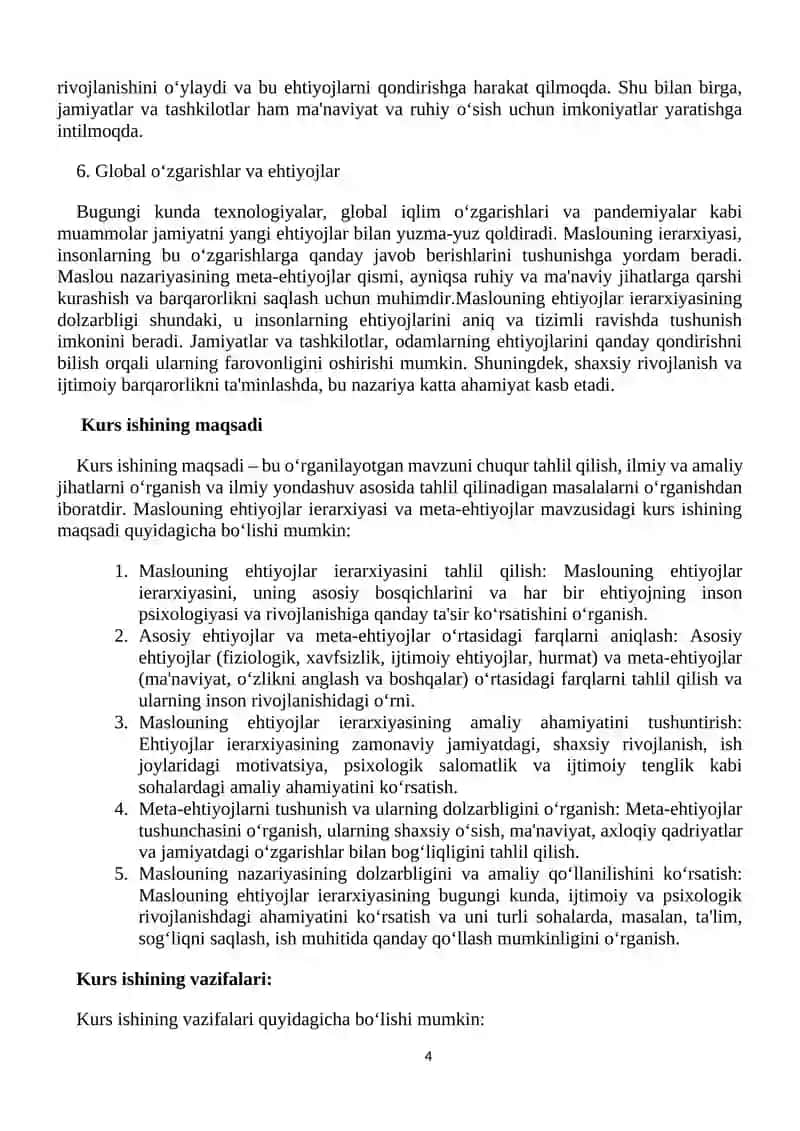 Asosoiy ehtiyojlar va meta-ehtiyijlar, ularning ierarxiyasi (Maslou). 4