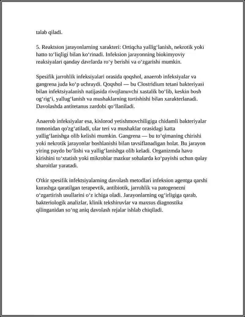 O'TKIR SPETSIFIK XIRURGIK INFEKSIYALAR, QOQSHOL, ANAEROB VA CHIRITADIGON INFEKSIYALAR (GANGRENA), FLEGMONA 4