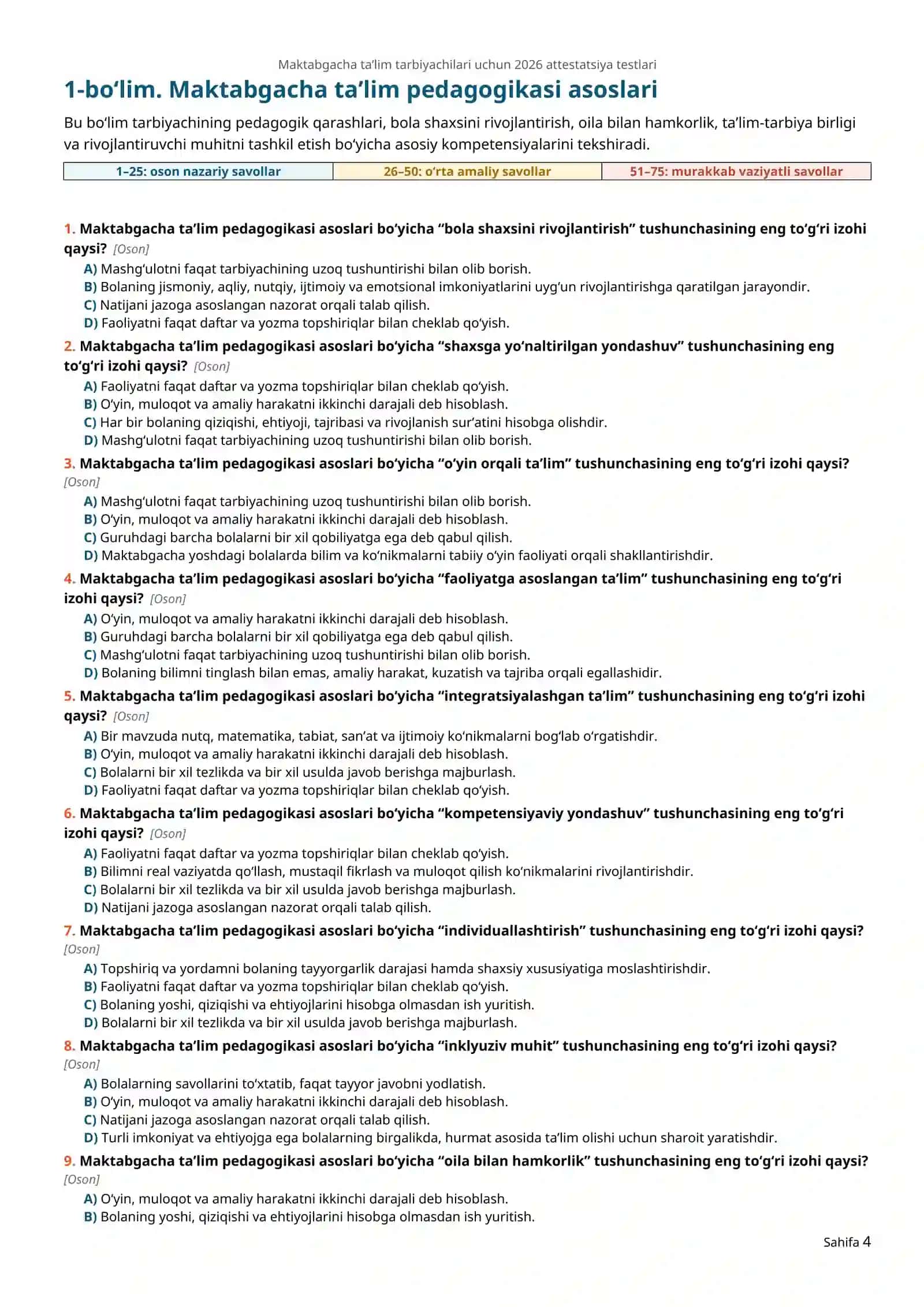Maktabgacha ta’lim tarbiyachilari uchun 2026 attestatsiya testlari 4
