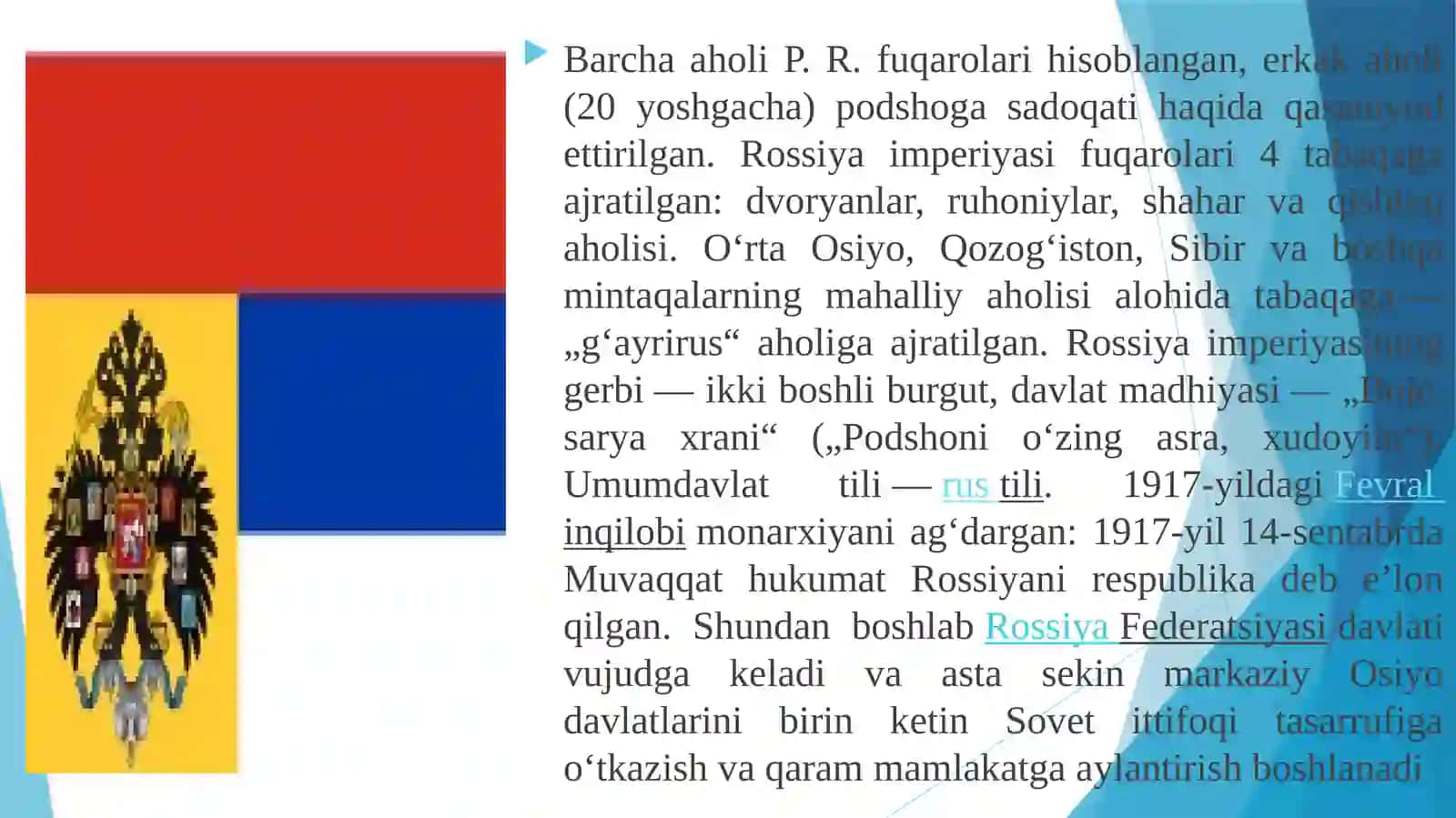 ROSSIYA IMPERIYASIVASOVETHUKMRONLIGIDAVRIDAO’LKADAGIIJTIMOIY-IQTISODIY, SIYOSIY VA MA’NAVIY JARAYONLAR 4
