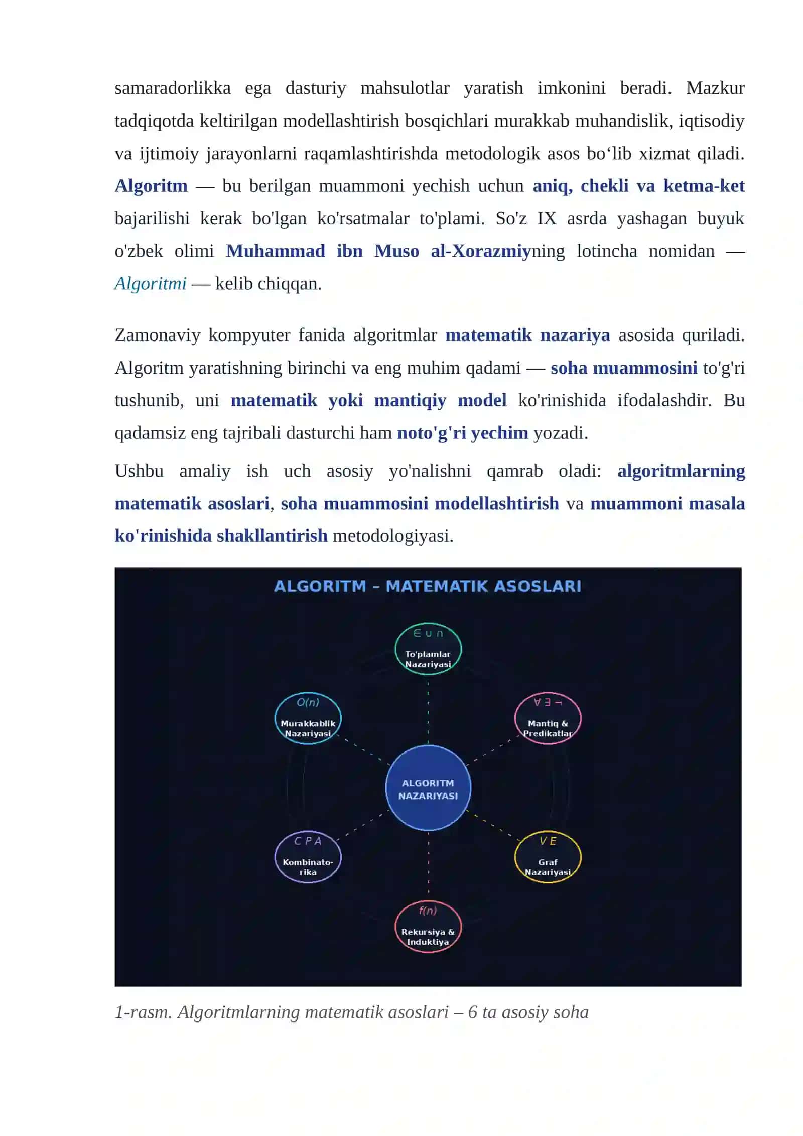 Algoritmlarning matematik asoslari. Algoritmlarni loyihalashda soha muammosining o‘rni. Muammoni masala ko‘rinishida shakllantirish (matematik, mantiqiy model ko‘rinishida ifodalash) va tushunish. 4