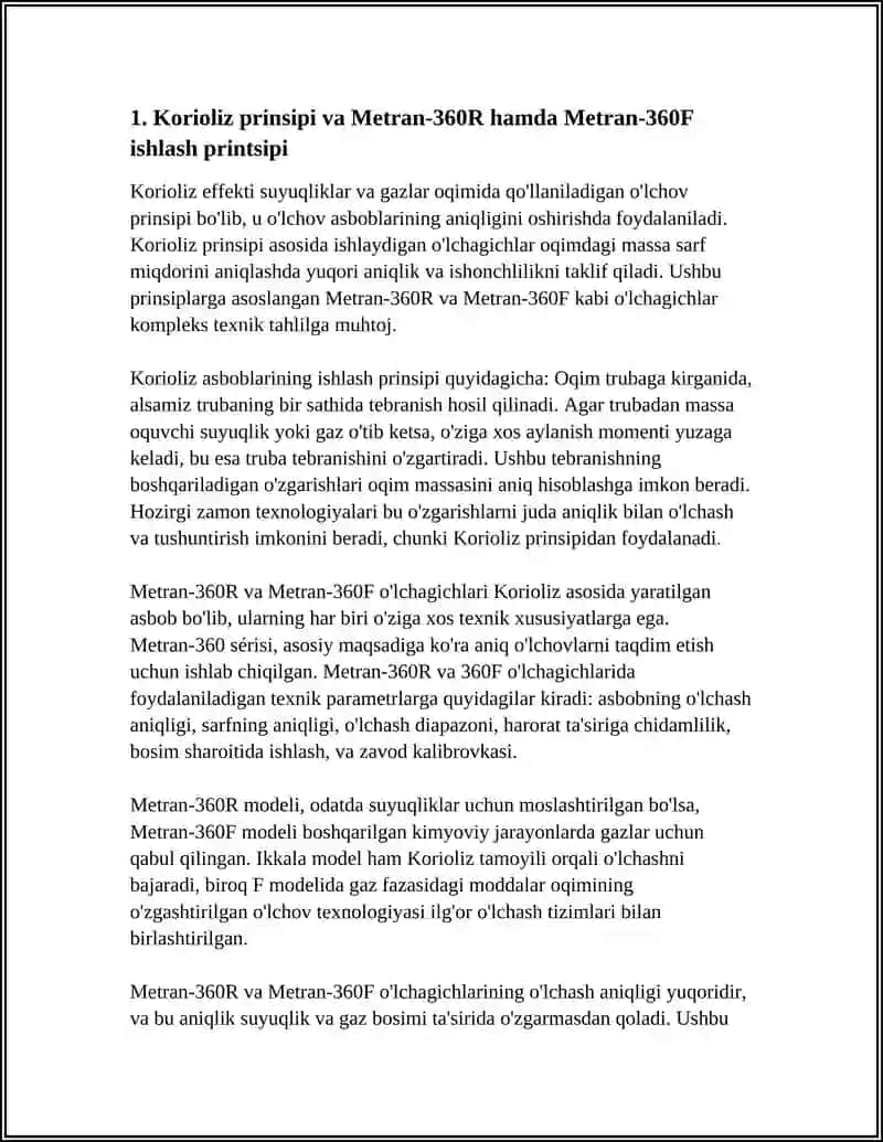 KORIOLIZ TURIDAGI METRAN-360R VA METRAN-360F SARF O'ICHAGICHLARINING TEXNIK XARAKTERISTKALARI TAHLILI 4