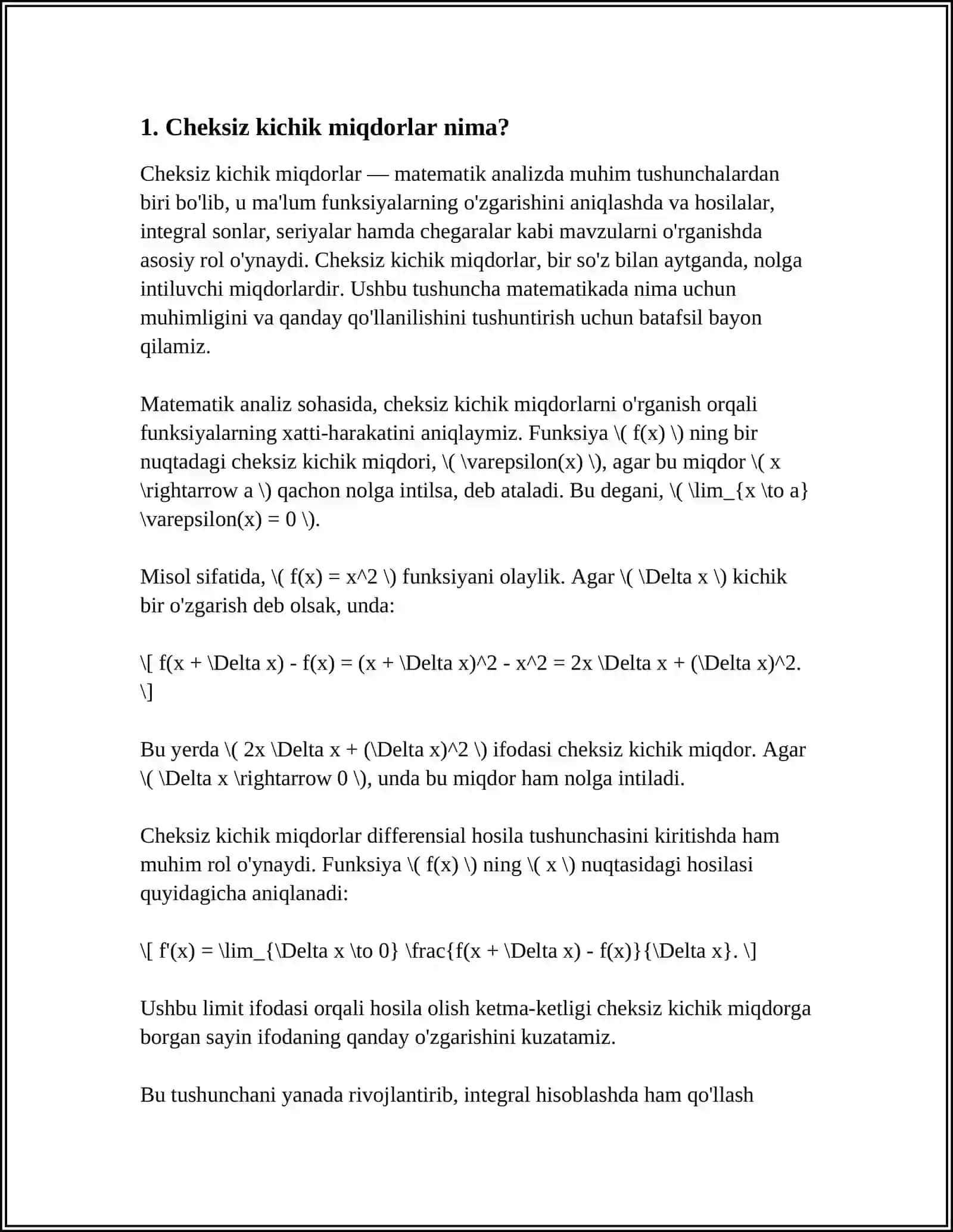 CHEKSIZ KICHIK MIQDORLARNI TAQQOSLASH.EKVIVALENT CHEKSIZ KICHIK MIQDORLAR.LIMITLARNI HISOBLASHDA ULARDAN FOYDALANISH 4