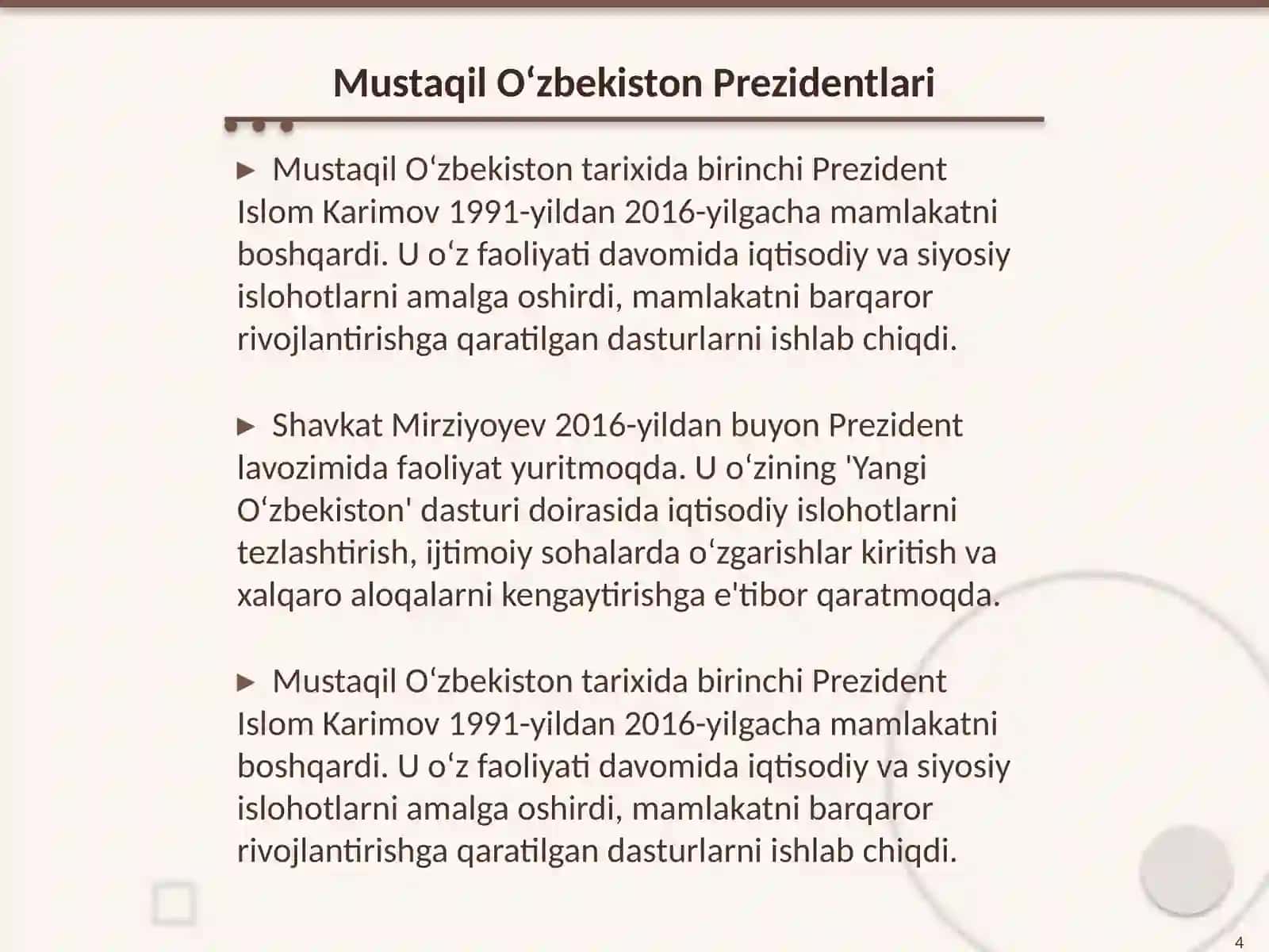 Mustaqil O‘zbekiston Prezident boshqaruviga oid ma’lumotlar 4