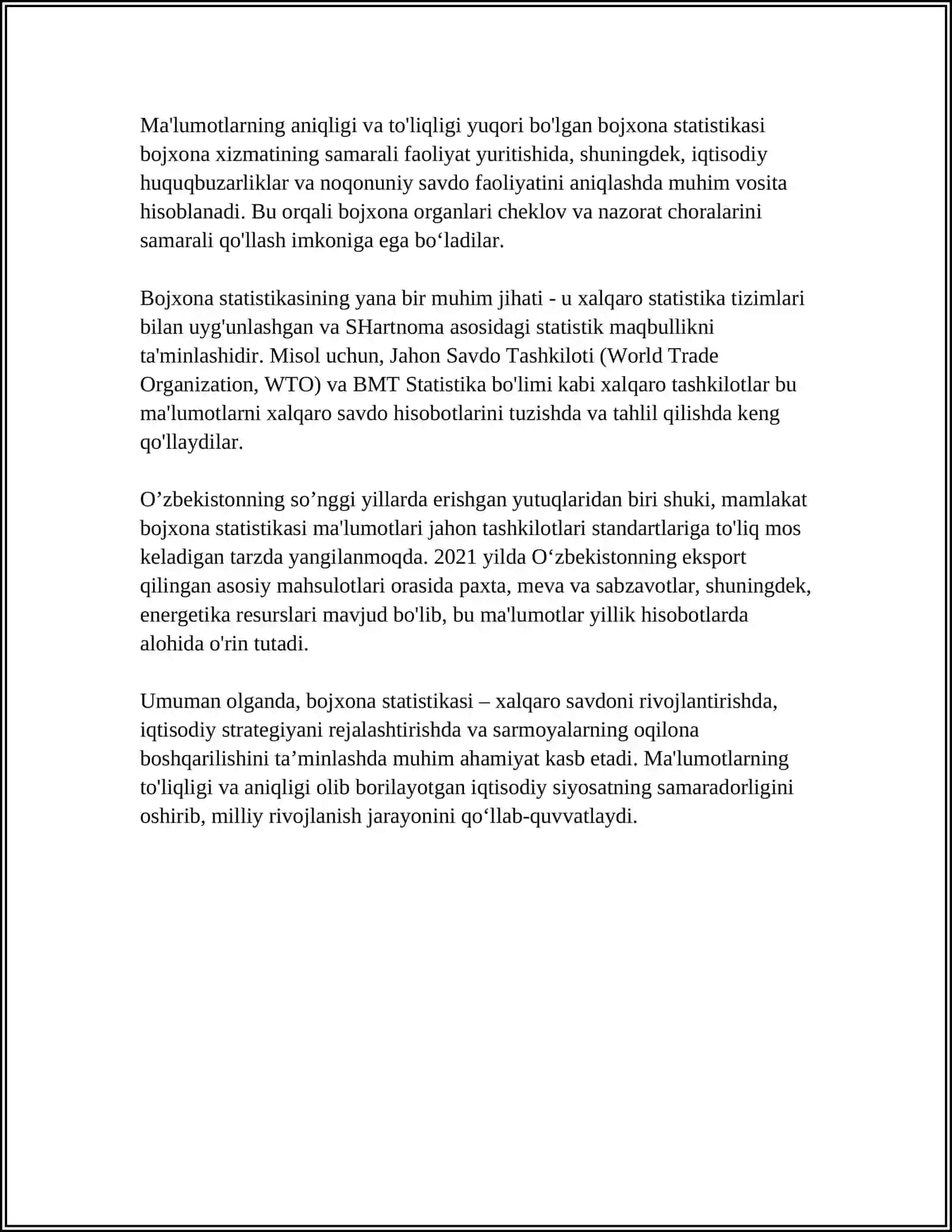 REFERAT: BOJXONA STATISTIKASINING AHAMIYATI VA UNI YURITISH TARTIBI 4