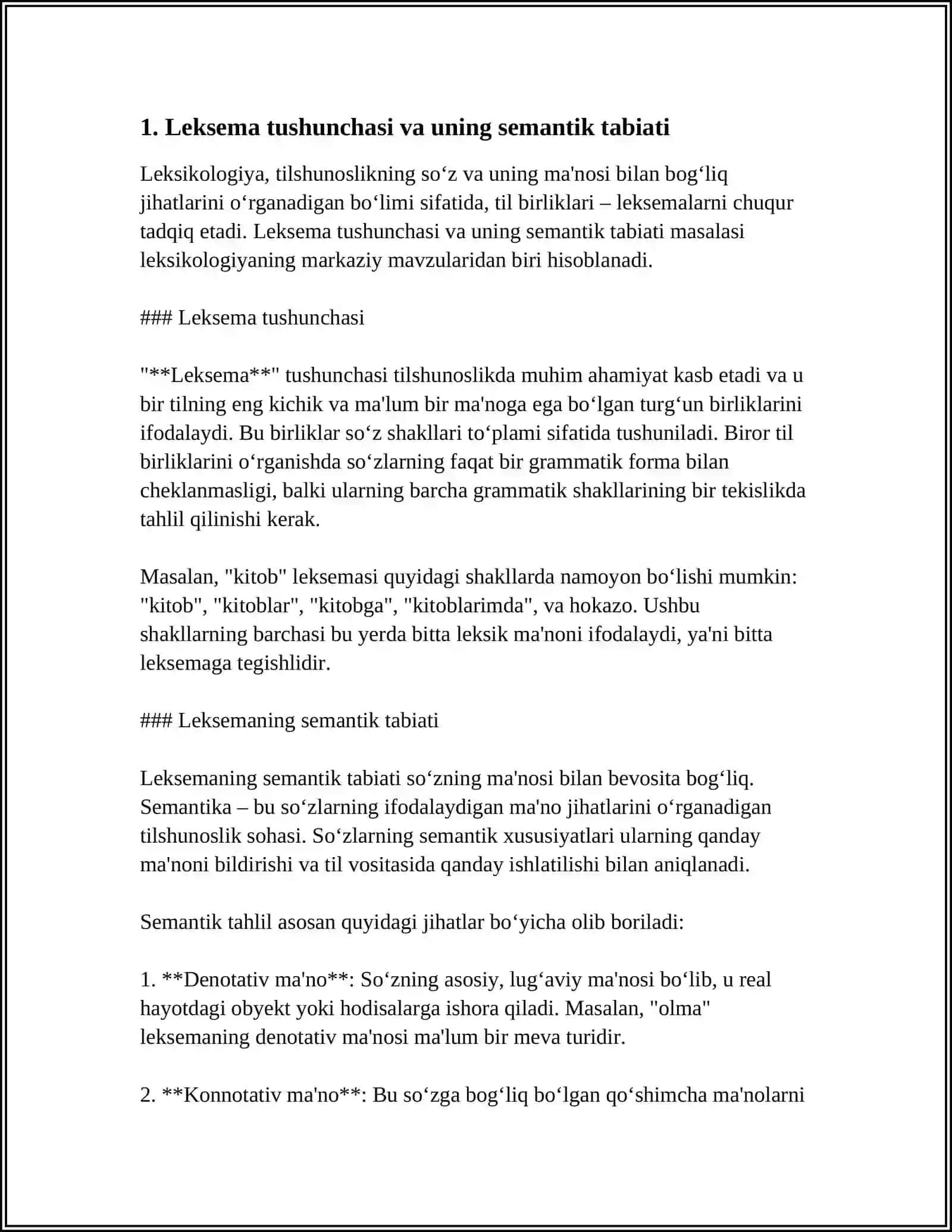 LEKSEMANING SEMANTIK TABIATI:LEKSEMA, SEMEMA VA SEMA 4