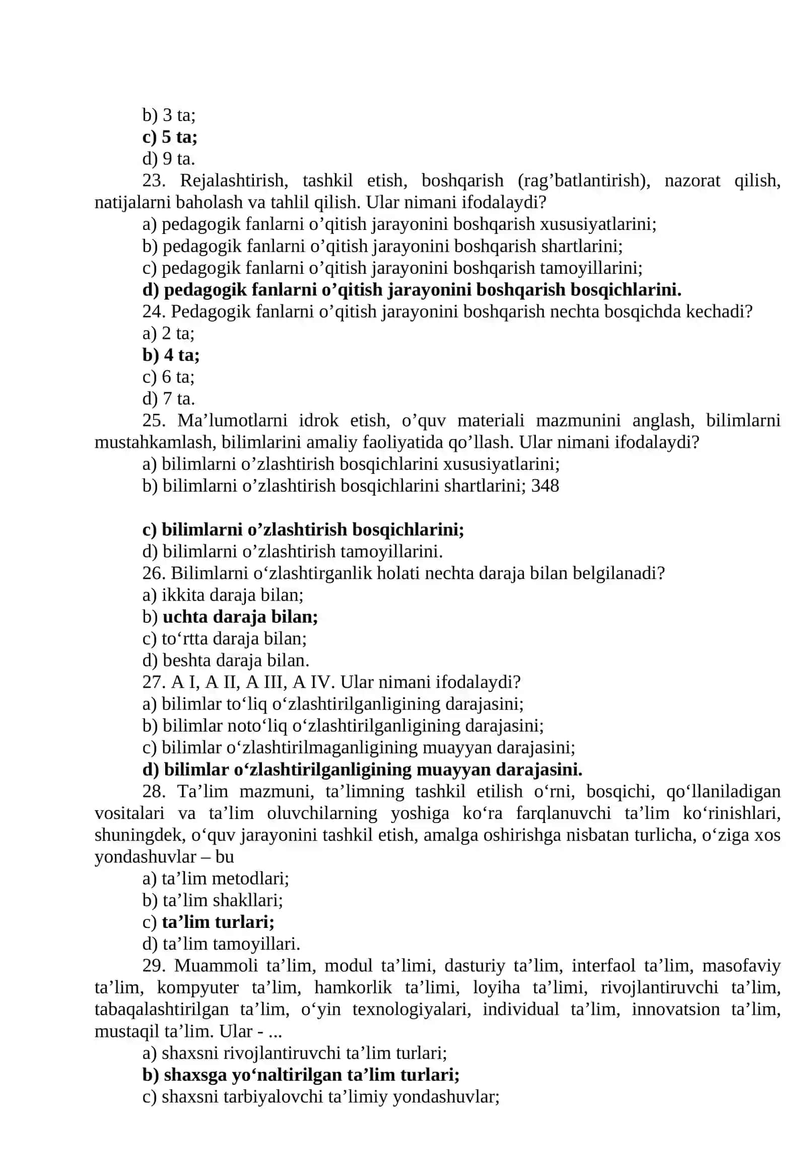 “PEDAGOGIKA FANLARINI O‘QITISH METODIKASI”  FANI BO‘YICHA TEST TOPSHIRIQLARI (100 ta) 4