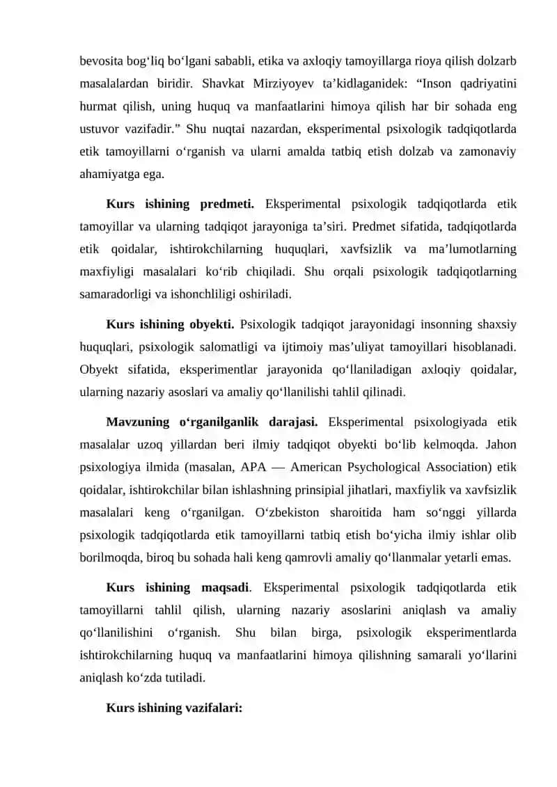 "Eksperimental psixologik tekshirishlardagi umumiy etikaviy tamoyillari" 4