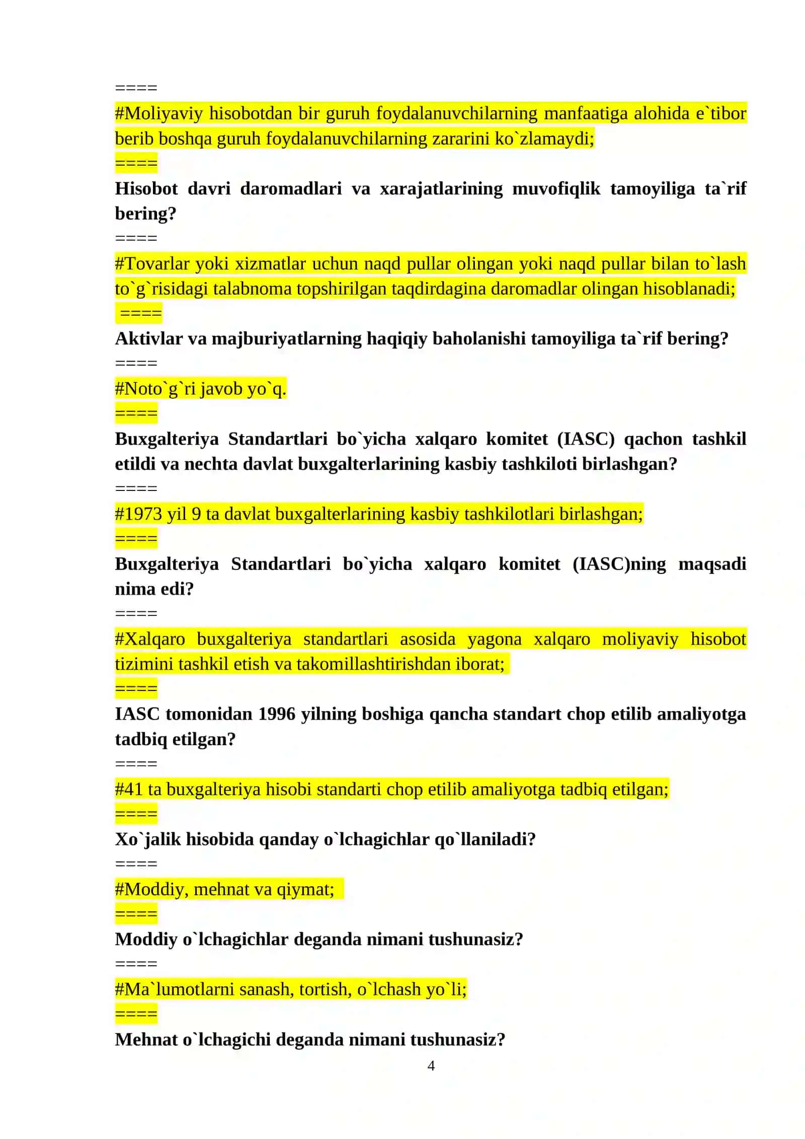 BUXGALTERIYA HISOBINING FUNDAMENTAL ASOSLARI FANIDAN TEST SAVOLLARI 4