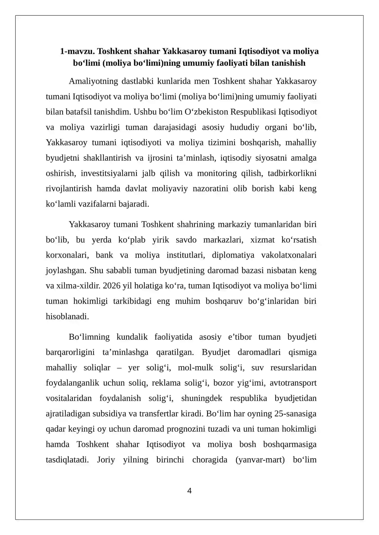AMALIYOT HISOBOTI. Toshkent shahar Yakkasaroy tumani iqtisodiyot va moliya boʻlimi. 13 ta mavzu b.n 4