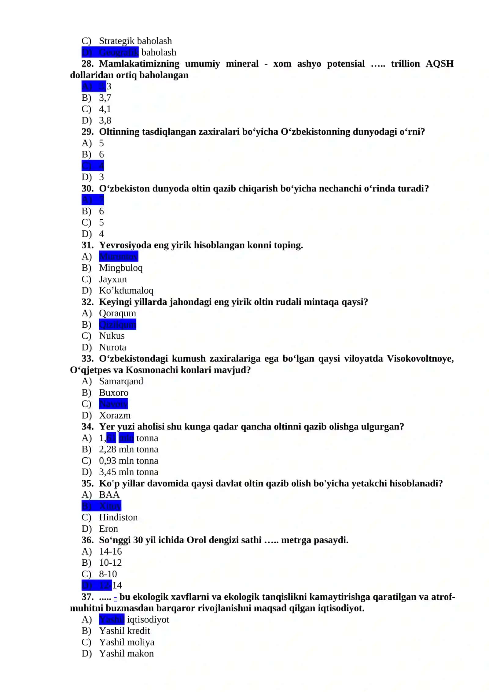 “YASHIL IQTISODIYOT” FANIDAN TESTLAR BAZASI (YAKUNIY NAZORAT UCHUN) 4