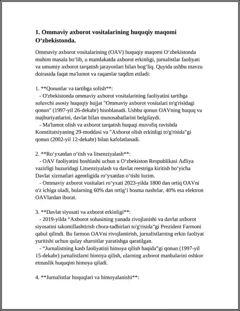 O'ZBEKISTON RESPUBLIKASIDA OMMAVIY AXBOROT VOSITALARINING FAOLIYATI. 4