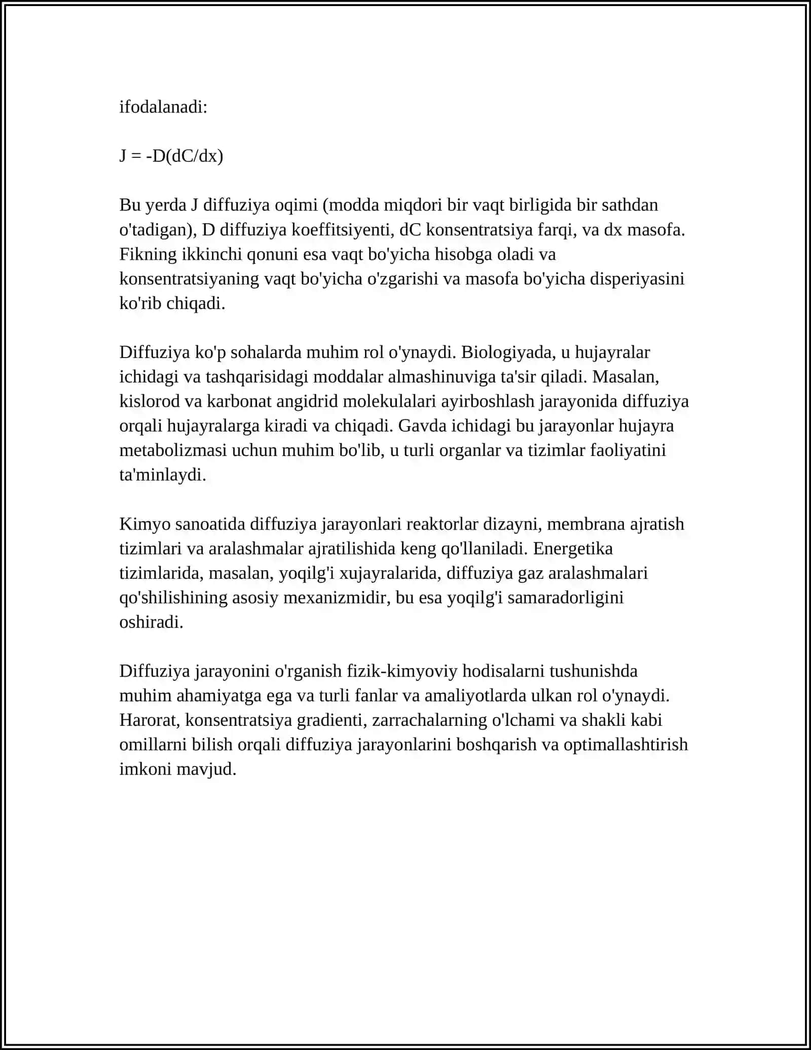 KOʻCHISH HODISALARI. DIFFUZIYA, ISSIQLIK OʻTKAZUVCHANLIK VA QOVUSHQOQLIK 4