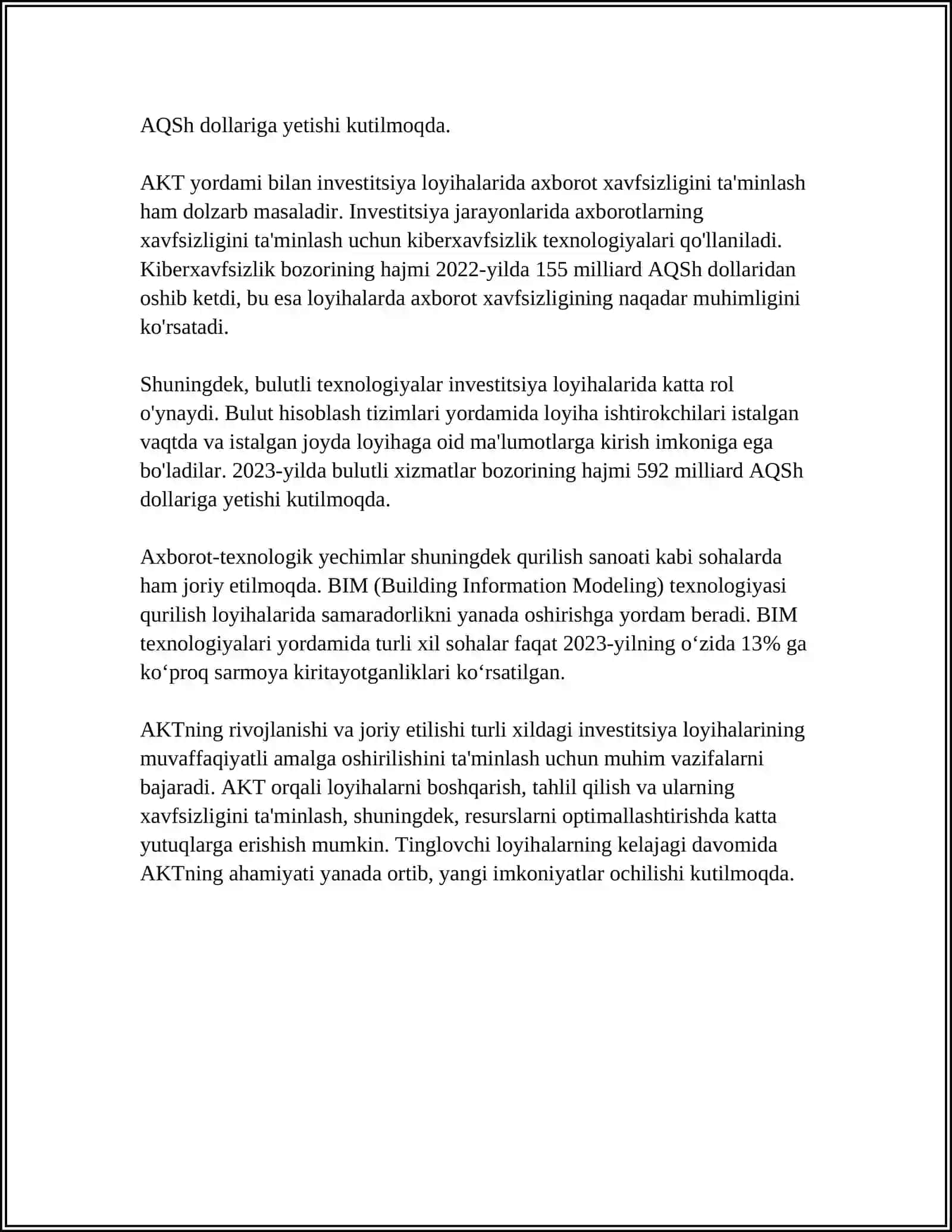 INVESTITSIYA LOYIHALARINI MOLIYALASHTIRISH TIZIMIDA AXBOROT-KOMMUNIKATSION TEXNOLOGIYALAR QO‘LLASH ZARURIYATI 4