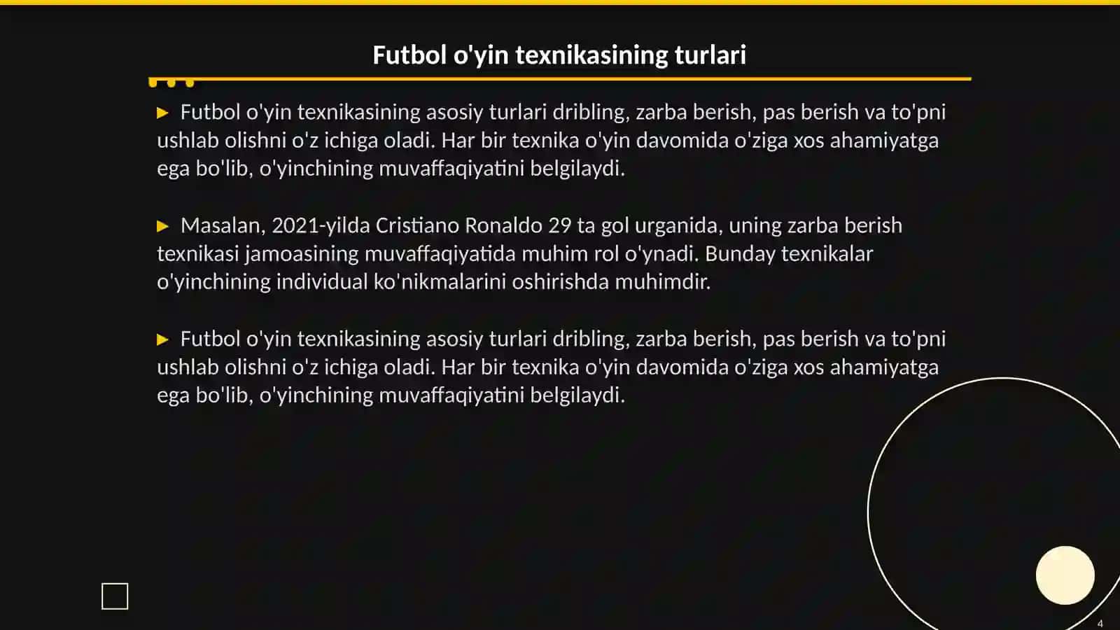 Futbol o'yin texnikasi va taktikasini tasnifi 4