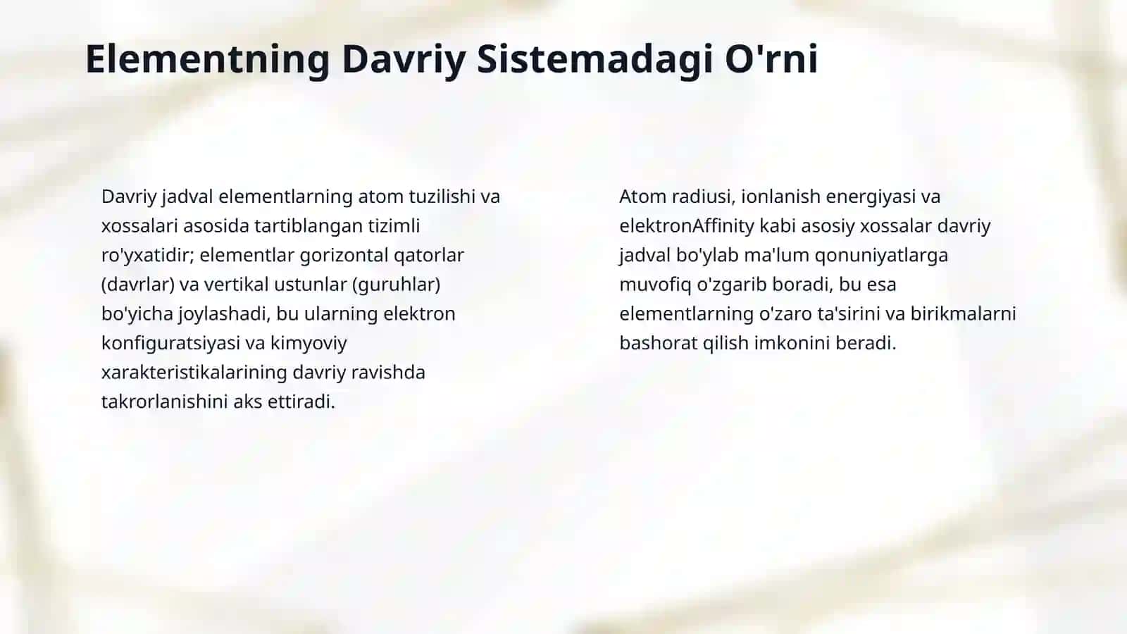Mavzu : Elemetning davriy sistemadagi o'rni va atom tuzilishiga qarab tavsiflar .d davriy qonunning ahamiyati 4