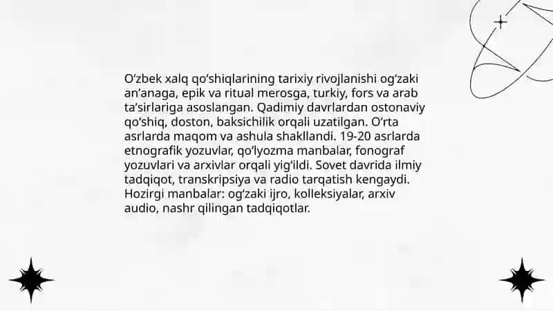 O'zbek xalq qoshiqlari xususiyatlari,turlari 4