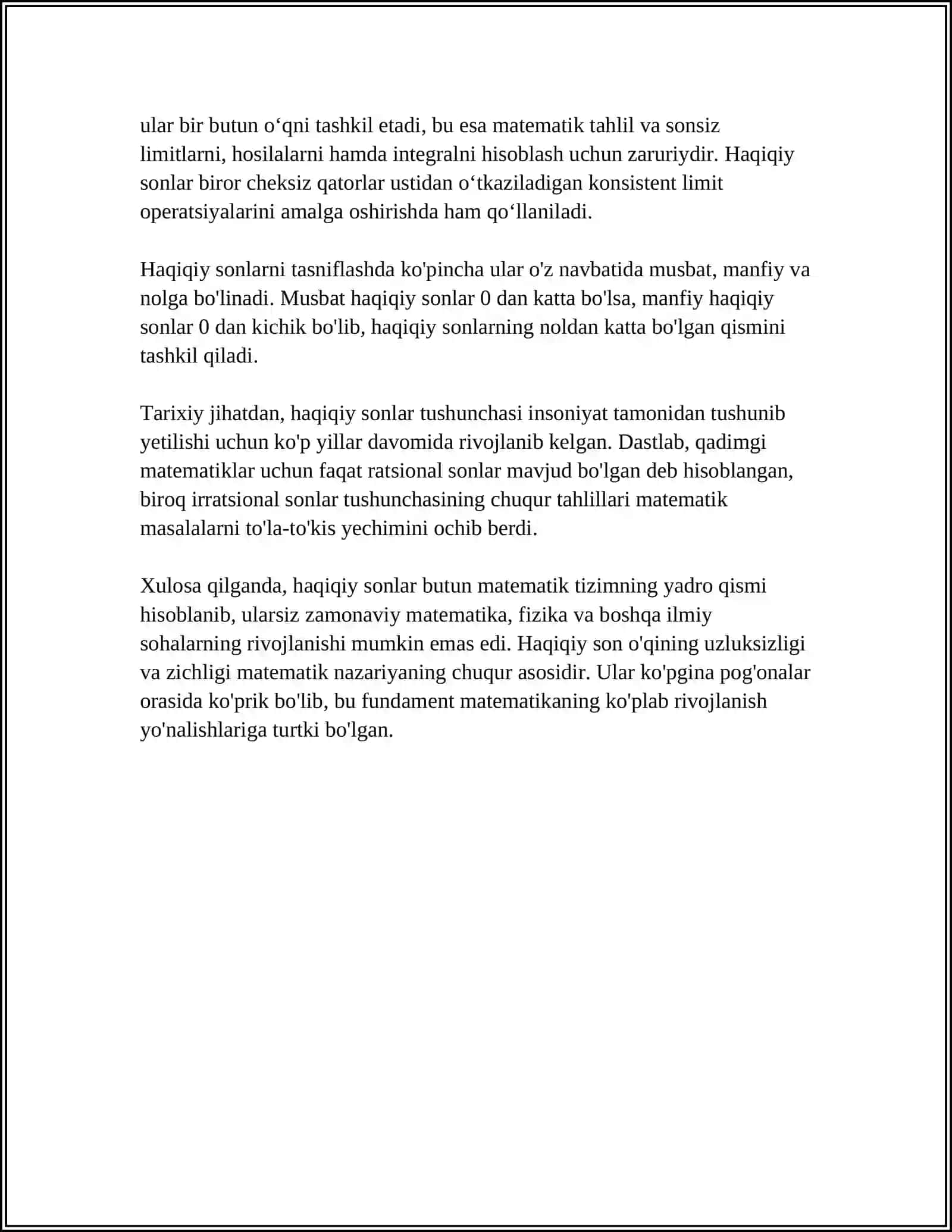 HAQIQIY SON TUSHUNCHASI.HAQIQIY SONLAR TOʻPLAMI VA UNING XOSSALARI.HAQIQIY SONLAR TOʻPLAMINING TOʻLALIGI HAQIDA TEOREMA ISBOTI 4