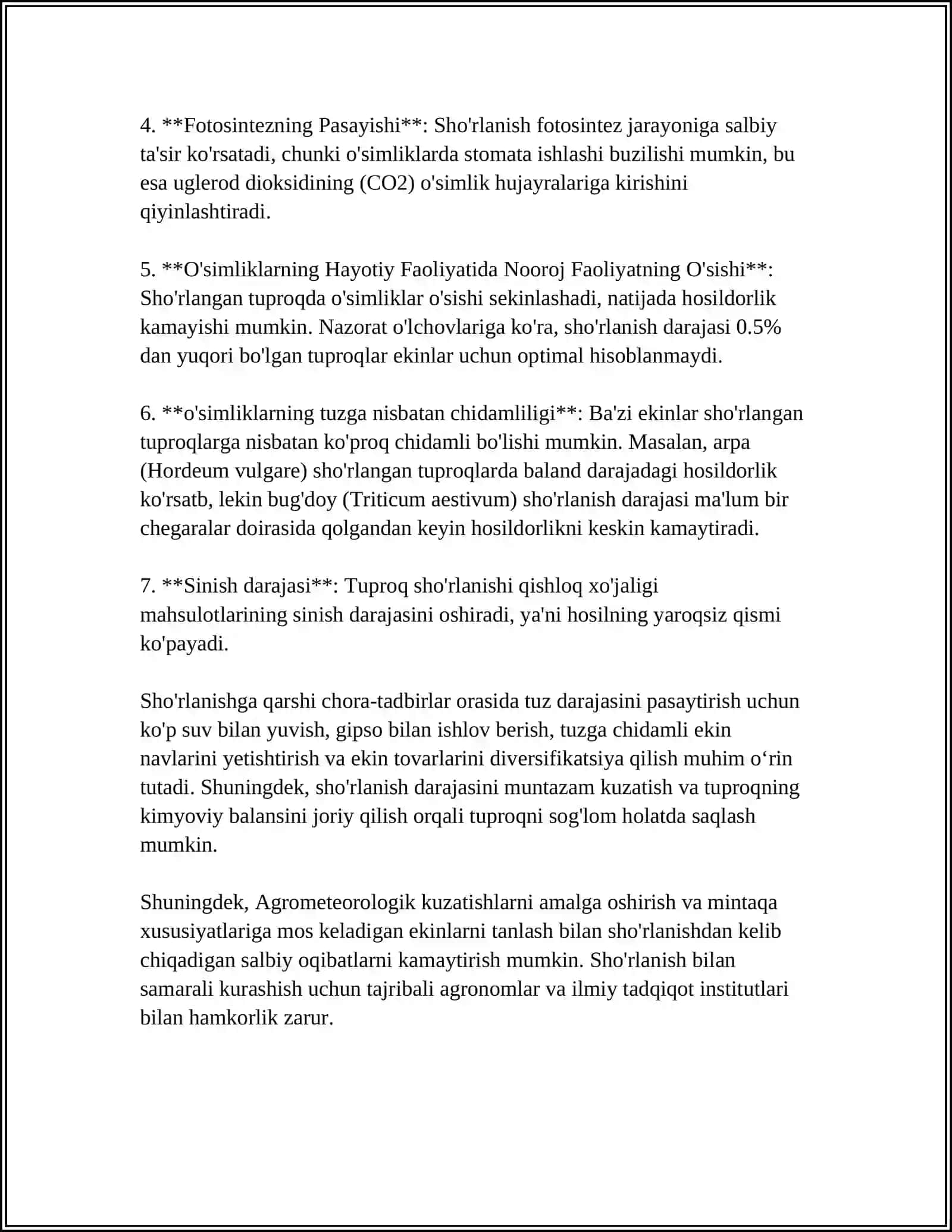 SHO'RLANGAN TUPROQLARNING QISHLOQ XÒJALIGI EKINLARI ÒSISHI VA RIVOJLANISHGA,HAMDA UNING HOSILDORLIGIGA TA'SIRI 4