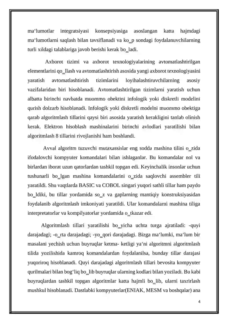 "Masalalarning algoritmini tuzish va shu algoritm asosida C++ dasturlash tilida dastur tuzish" 4