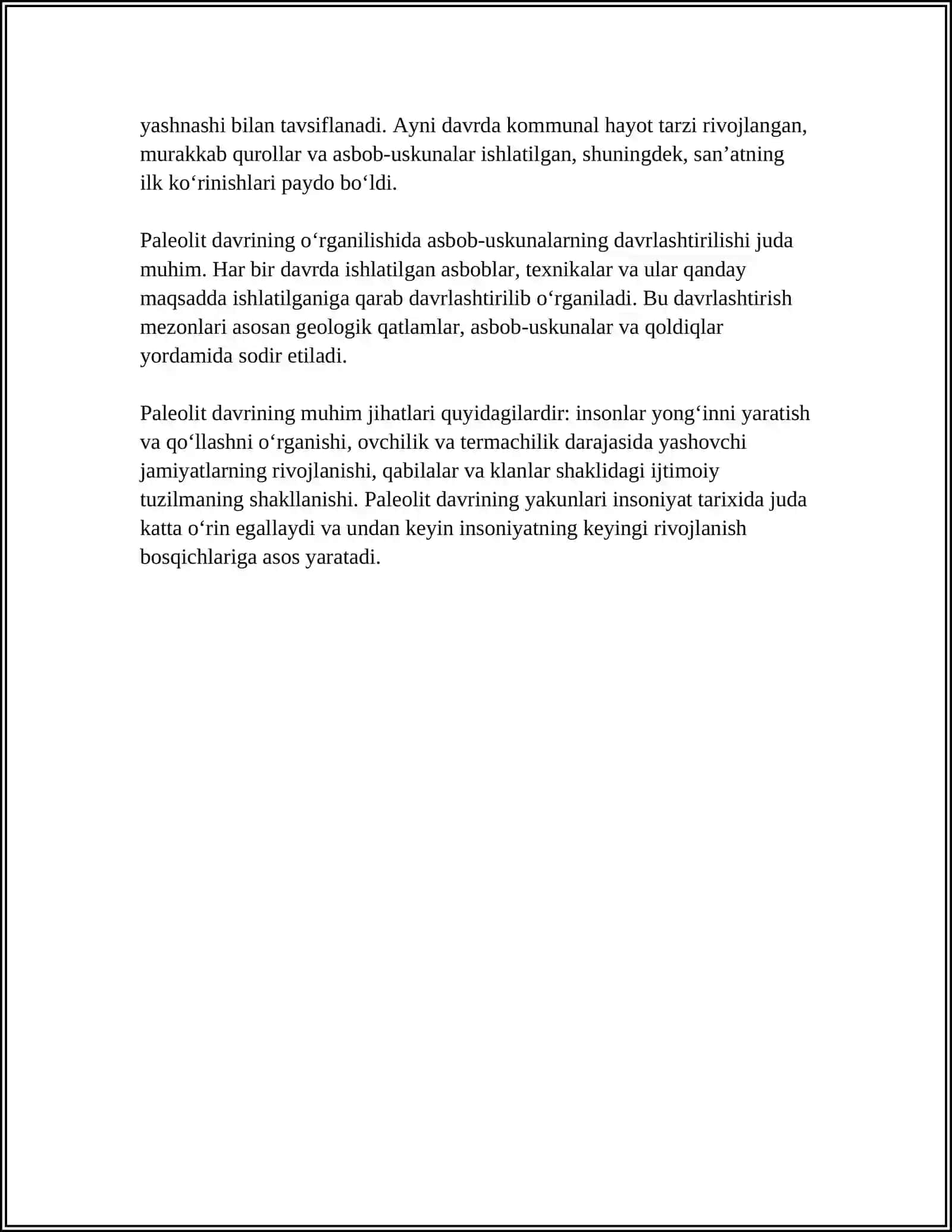 TARIXDAN DAVRLASHTIRISH KERAK PALEOLIT DAVRINI A3 QOGʻOZGA 4