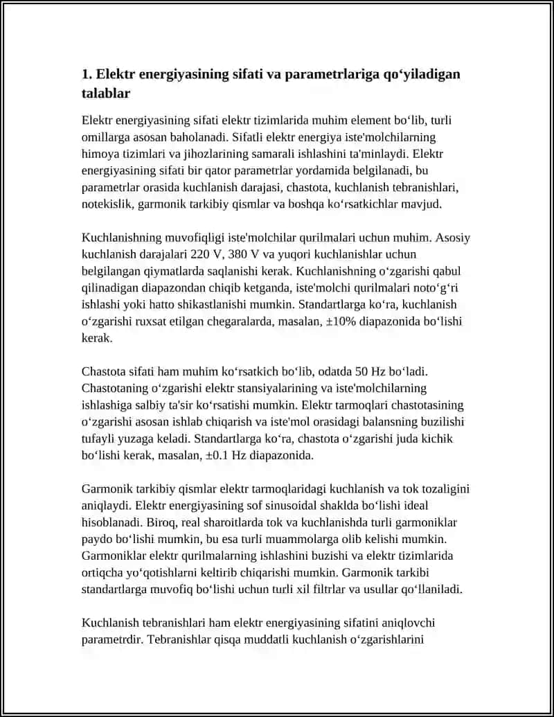 ELIKTR ENERGIYAGA QOʼYILADIGAN TALABLAR VA ULARNI TAMINLASH USULARI 4