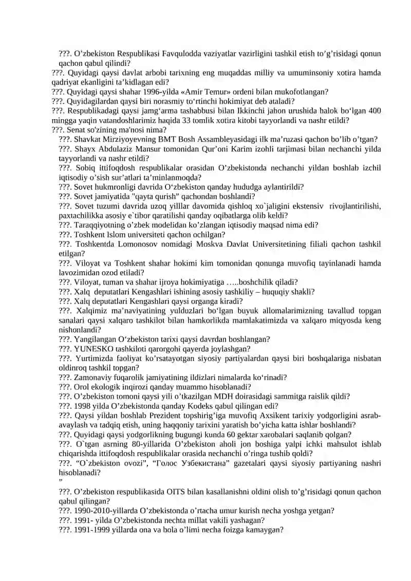 O'zbekiston Respublikasi tarixi bo'yicha savollar 4