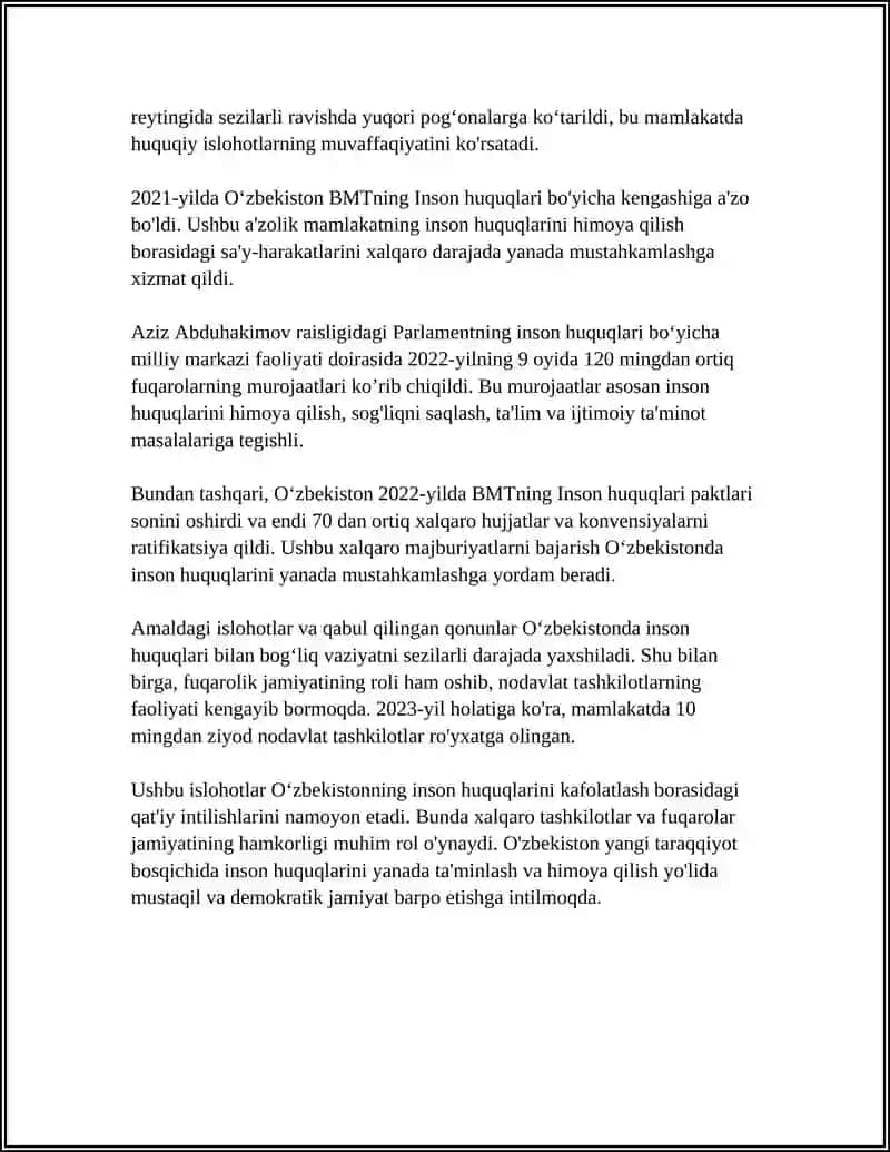 YANGI OʻZBEKISTONDA INSON HAQ-HUQUQLARI VA ERKINLIKLARI KAFOLATINING YARATILISHI 4