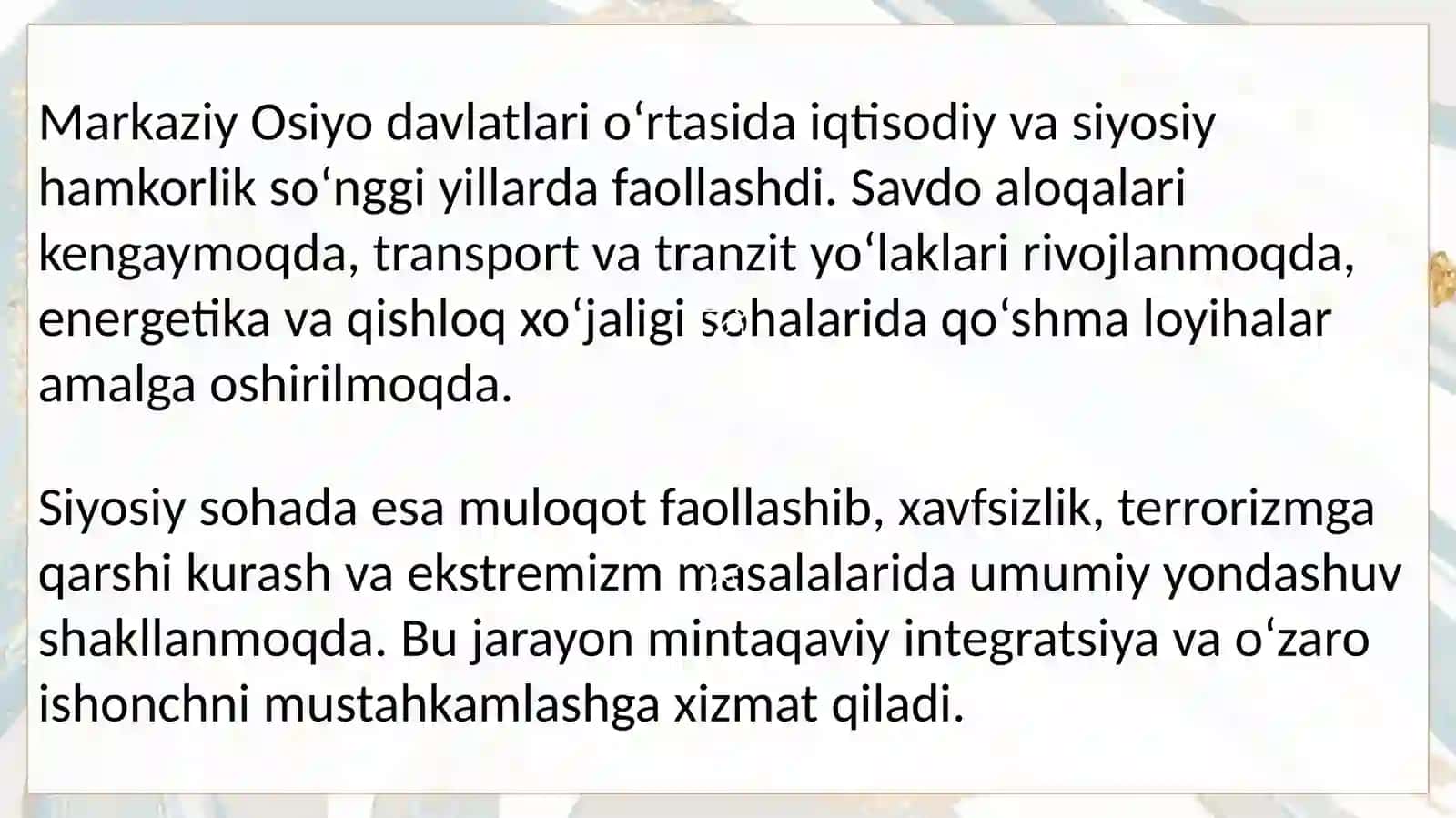 Markaziy Osiyo davlatlari o'rtasidagi siyosiy geografik muammolarni o'rganish 4