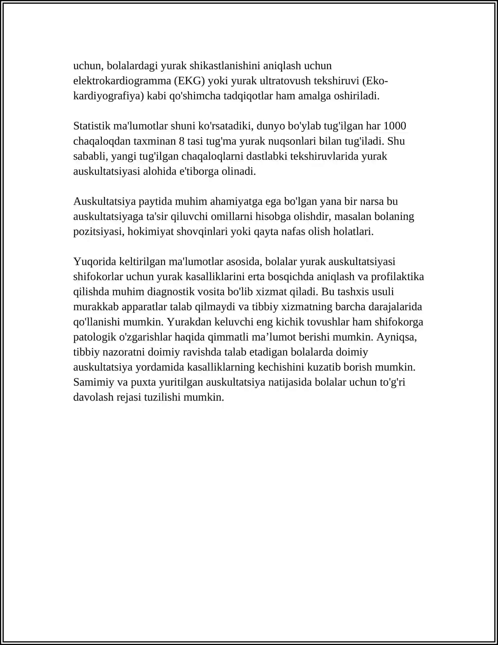 BOLALARDA YURAK AUSKULTATSIYASI. AUSKULTATSIYA TARTIBI. SOGʻLOM ODAMDA NORMAL TONLARNI XARAKTERISTIKASI 4