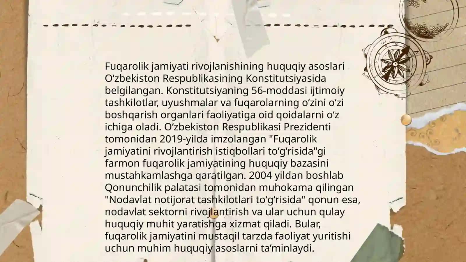 O‘zbekistonda demokratik, fuqarolik jamiyati asoslarining shakllanishi, amalga oshirilgan siyosiy islohotlar. Iqtisodiy islohotlar, xususiy mulkchilikning shakllanishi. O‘zbekistonda bozor munosabatlarining rivojlanishi 4