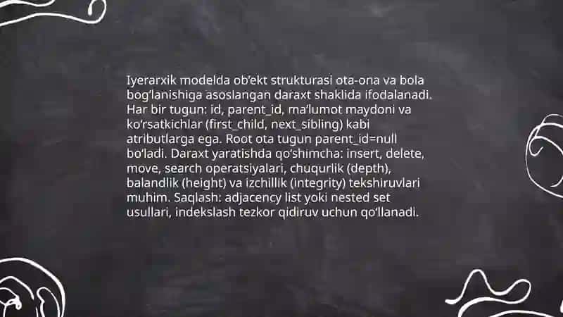 Ob’ektning relyatsion, iyerarxik va semantik modellar 4
