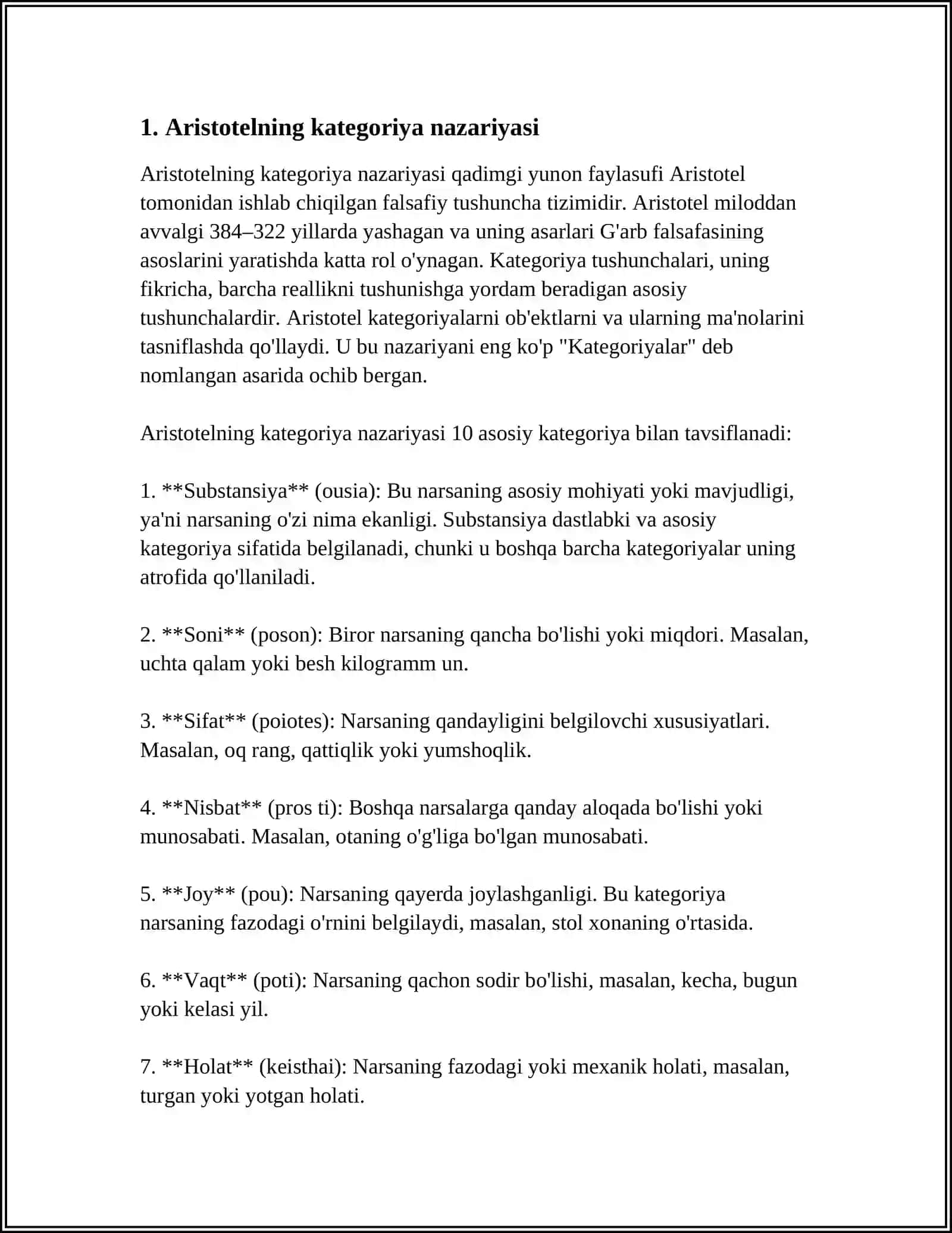 ARISTOTEL, FOROBIY VA KANT ONTOLOGIYASIDA KATEGORIYALARNING TASNIFI” MAVZUSIDA ESSE TAYYORLASH 4