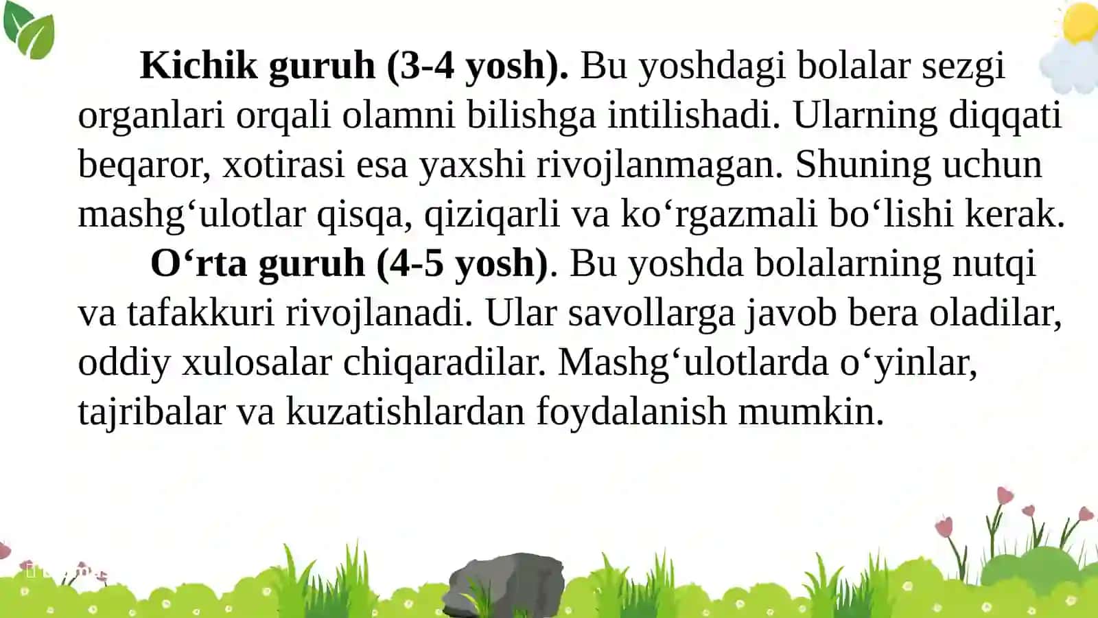 Turli guruhlarda mashg‘ulotlar o‘tkazish, ularga rahbarlik qilish.Turliyoshguruhlardatabiatburchaginitashkiletish.Tabiatbilantanishtirishdadavlattalablariasosidata’limfaoliyatinirejalashtirish 4