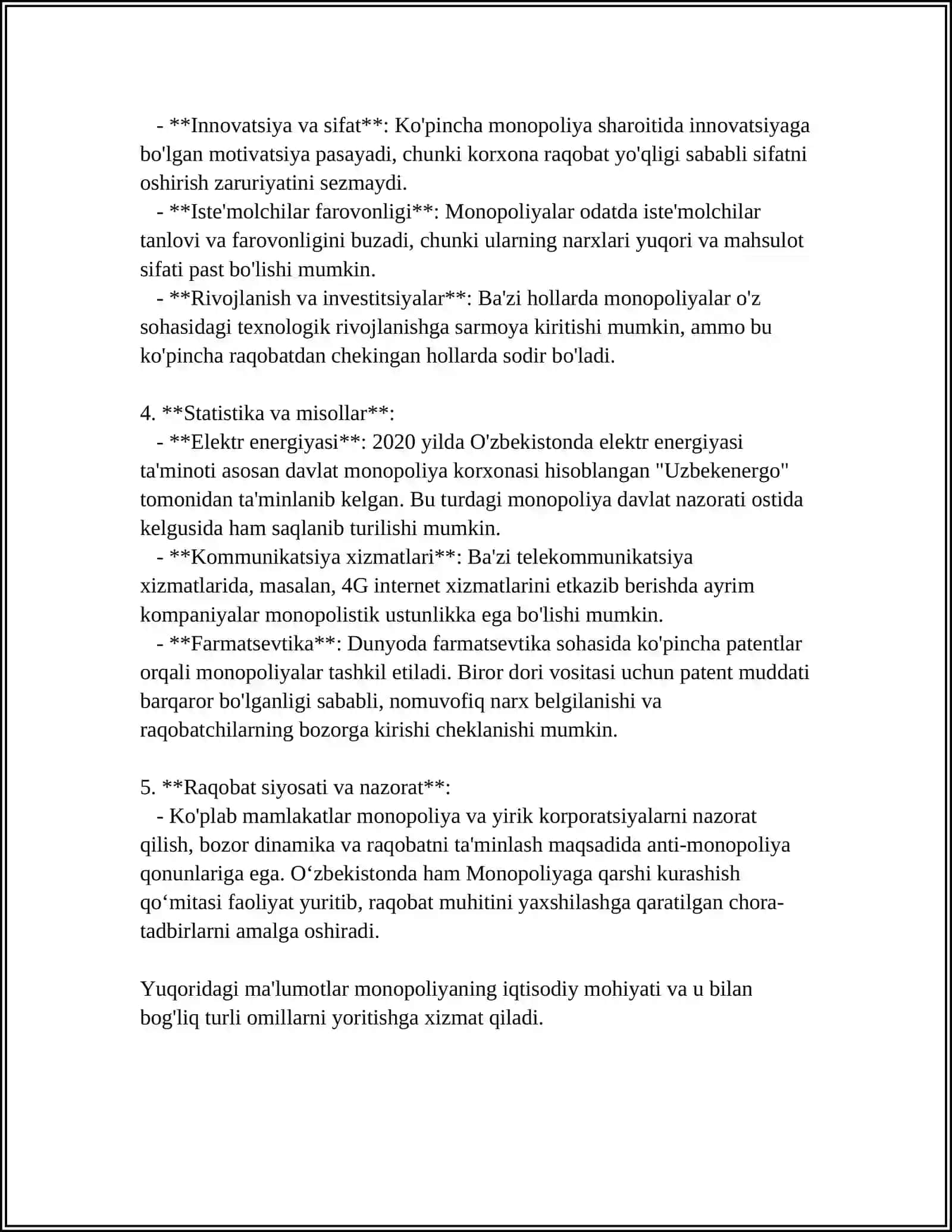 MONOPOLIYANING IQTISODIY ASOSLARI.ANTIMONOPOL QONUNCHILIK VA MONOPOLIYALARNI TARTIBGA SOLISH 4