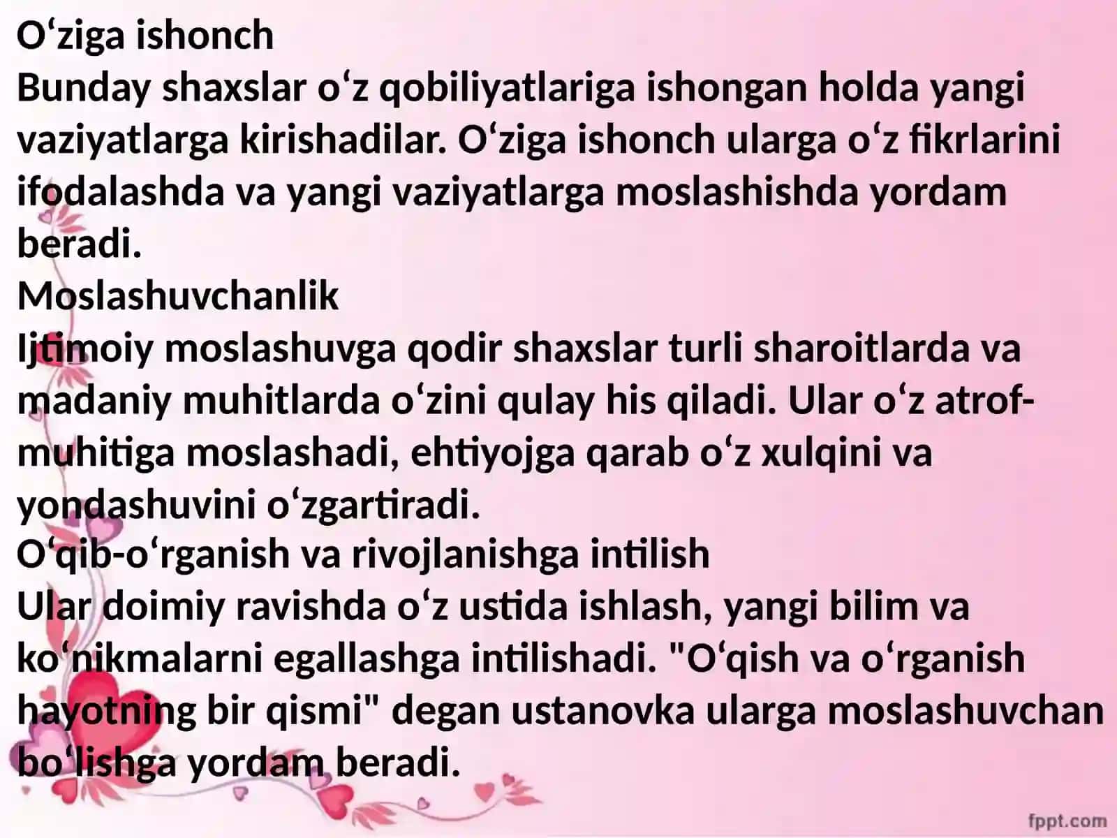 Tez ijtimoiy moslashuvga qodir shaxsning sifatlari, ustanovkalari va xulqi 4