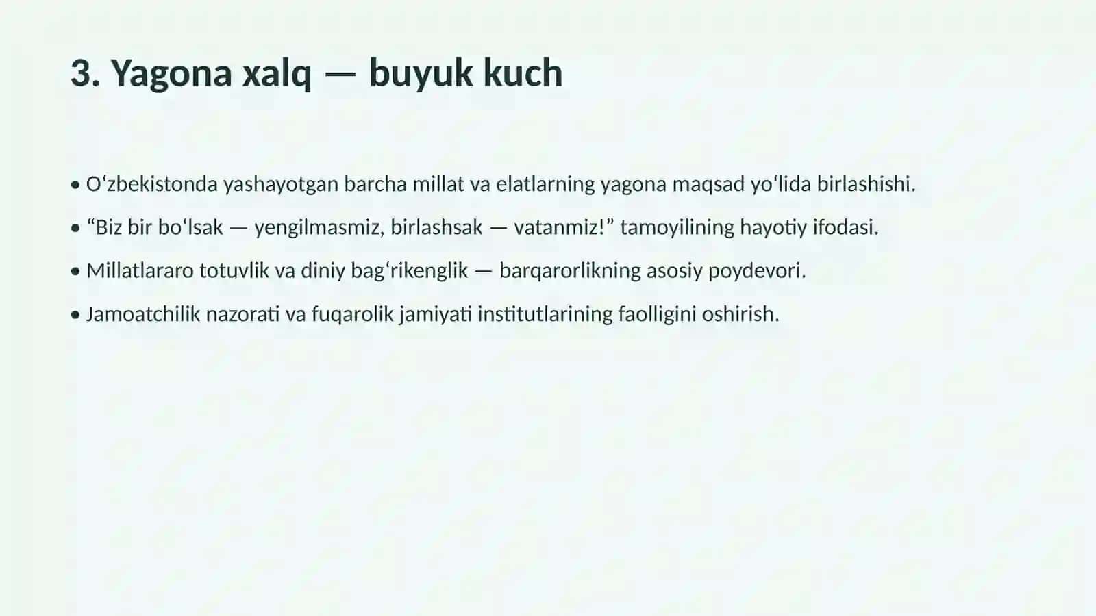 Yagona Vatan, yagona xalq boʻlib, yangi hayot va kelajak yaratamiz!” slayd 4