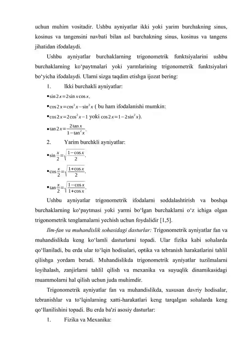 TIRIGONOMETRIK AYNIYATLARNI O‘QITISH METODIKASI VA BOSHQA SOHALAR BILAN BOG‘LIQLIGI 4