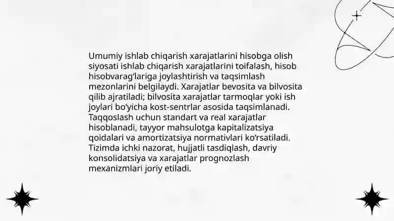 Umumiy ishlab chiqarish xarajatlarini markazlarga bo‘lib hisoblash 4