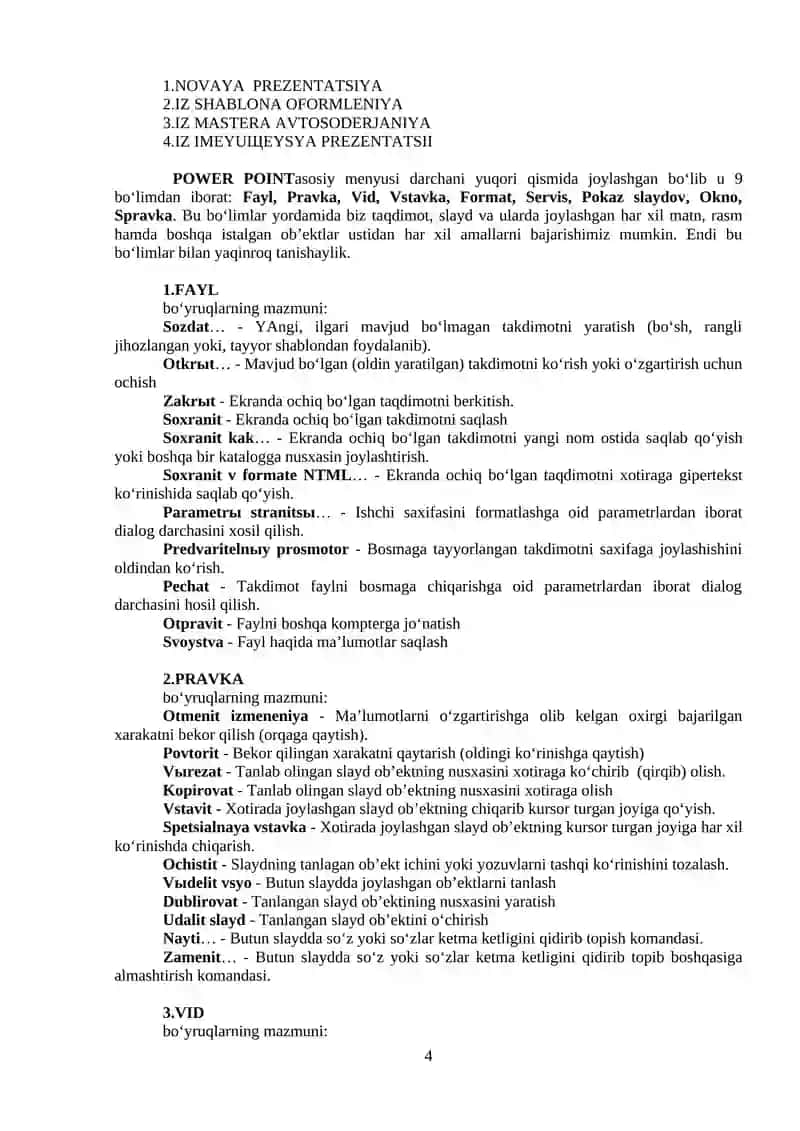 MS POWER - POINT DASTURIDA GRAFIK (DIAGRAMMA VA RASM), JADVAL, VIDEO OB’EKTLARI, ANIMATSIYA VA GIPERSSЫLKA ELEMENTLARI BILAN ISHLASH 4