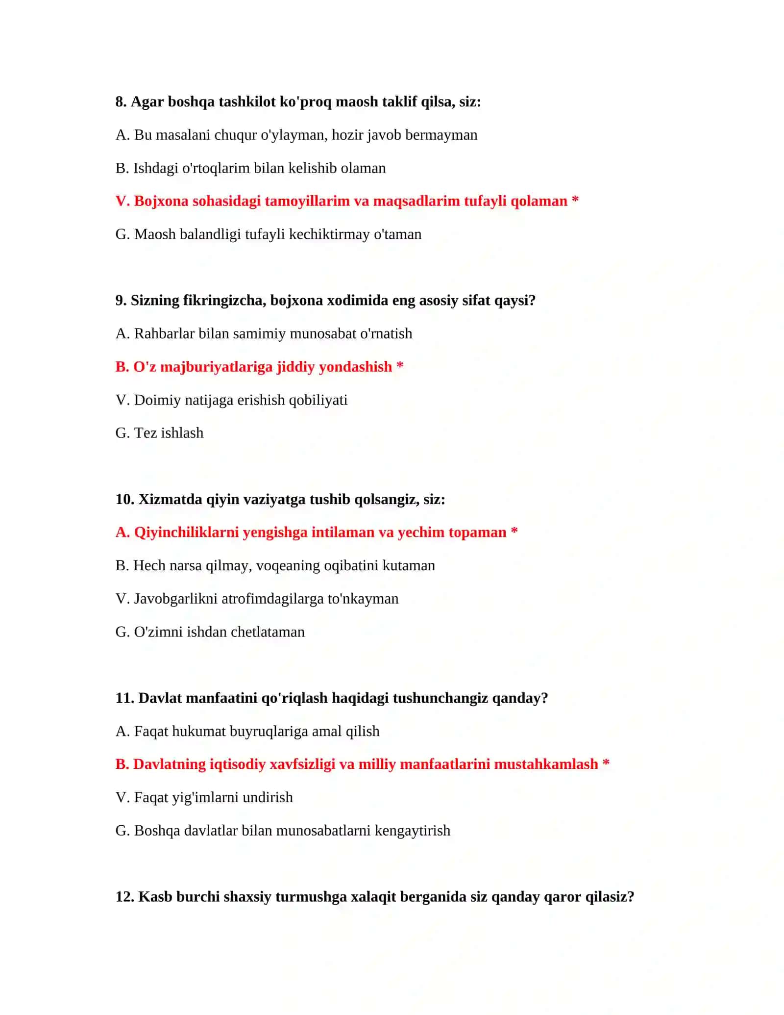 Bojxona testlari javoblari 1000 ta 4