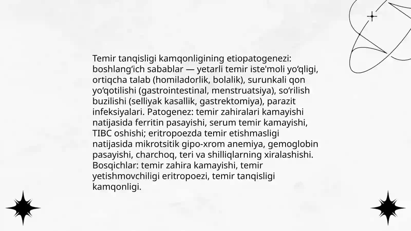 Kamqonlik.Tasnifi.Temir tanqisligi kamqonligi,vitamin B 12 va postgemorogik kamqonliklar.Klinikasi.Hamshiralik jarayoni: parvarish,anamnez yiğish,tahlili 4