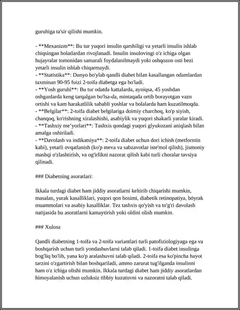 Qandli Diabet Kasalligi Bo'yicha Omonova Mohinur 205-2PED 4