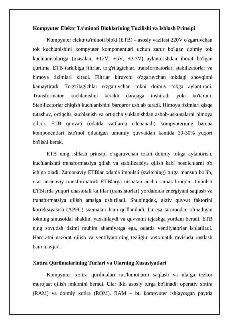 Apparat ta'minot. Ichki va tashgi qurilmalar. Xotira gurilmalari 4